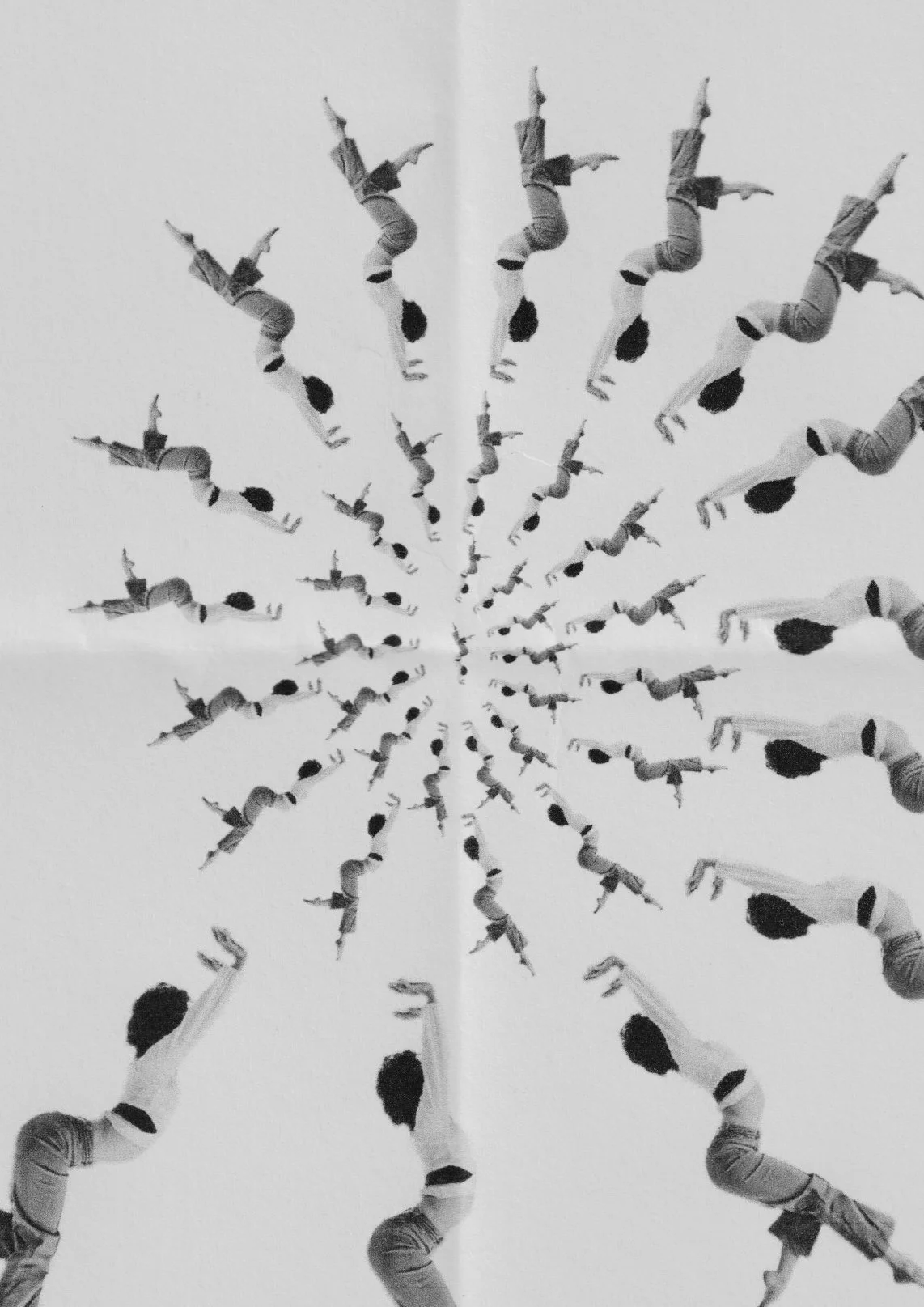 Multiple black-and-white images of a person performing a backbend, arranged in a spiraling pattern, collaged for creative project