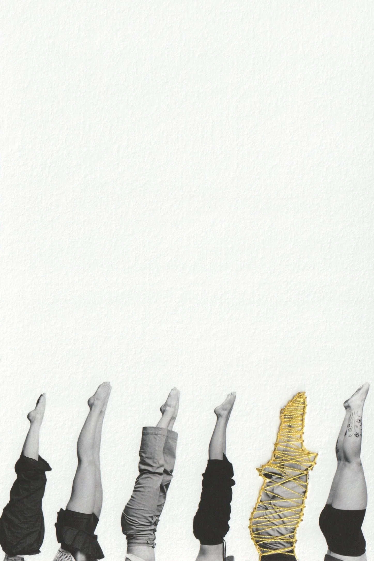 Multiple people doing a handstand, image is collaged by using thread, embroidery over legs, circus arts, circus artist, on a white background, in a photography studio. 