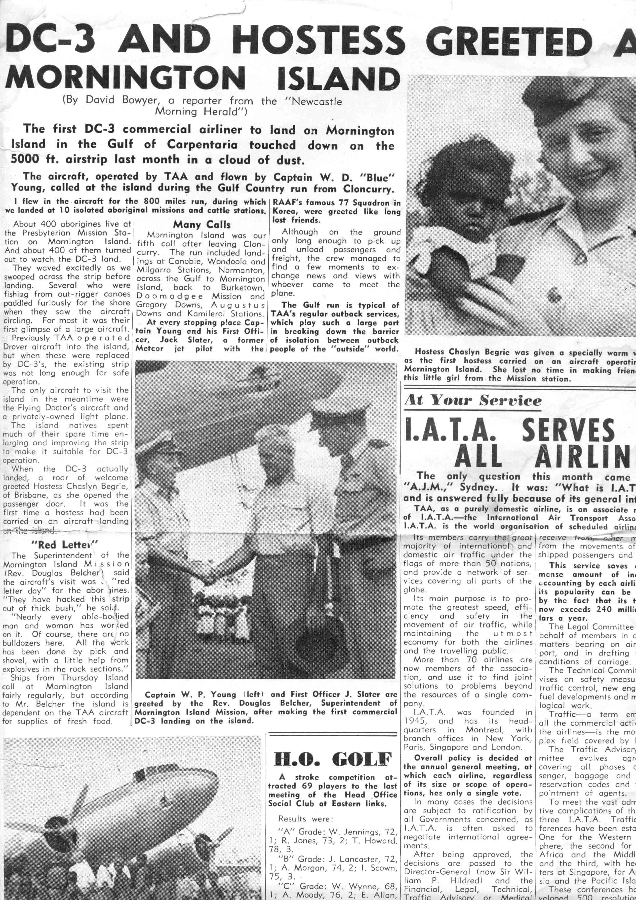 In a black and white newspaper, a photo shows Captain W. P. Young (left) and First Officer J. Slater shaking hands, standing outdoors near a large aircraft with a crowd of people in front of it. The image accompanies an article about the first DC-3 commercial airline landing on Mornington Island.