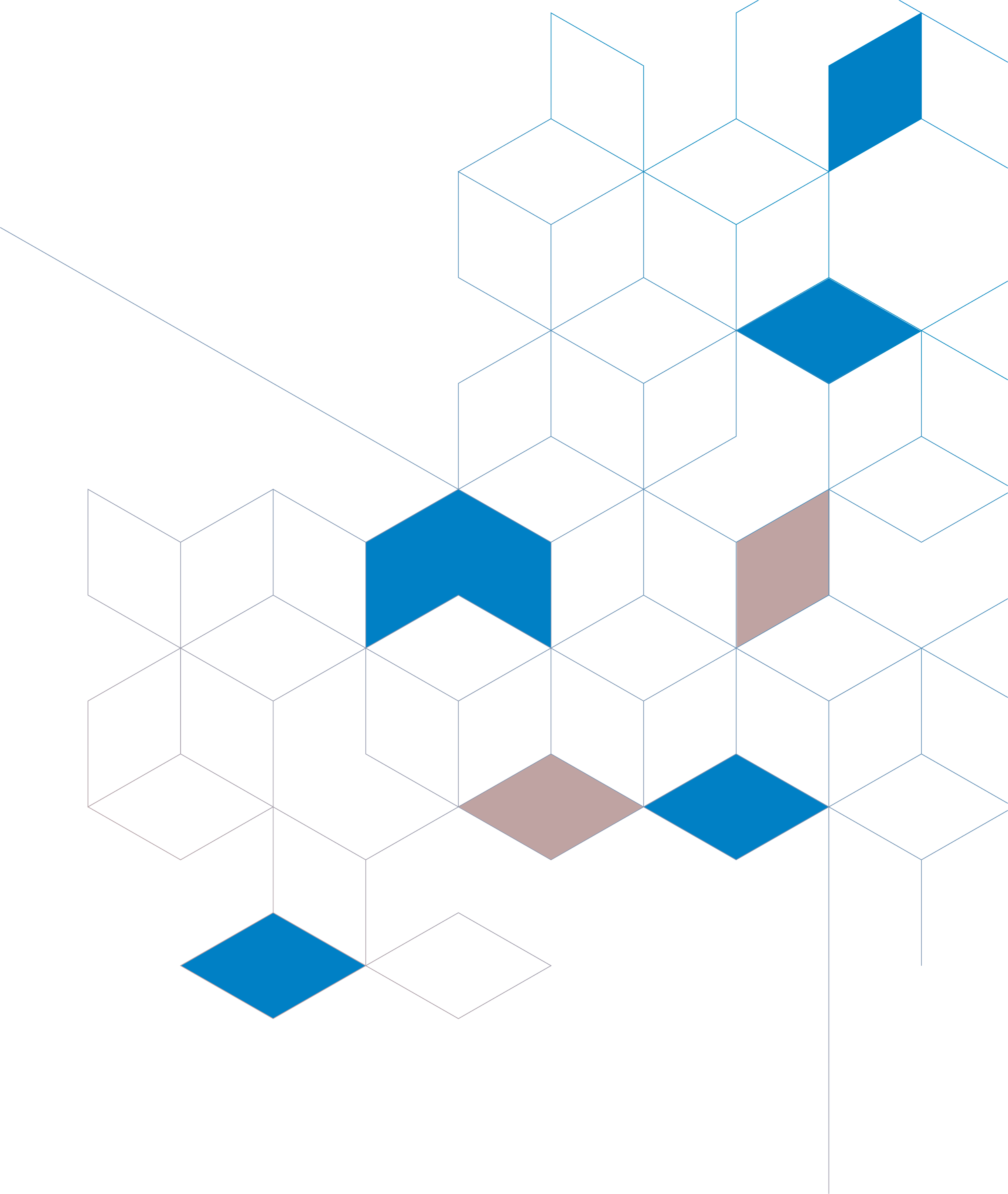 A digital illustration depicting a 3D hexagonal grid with some blocks shaded in blue and others in white or gray, showing a geometric pattern and data visualization concept.