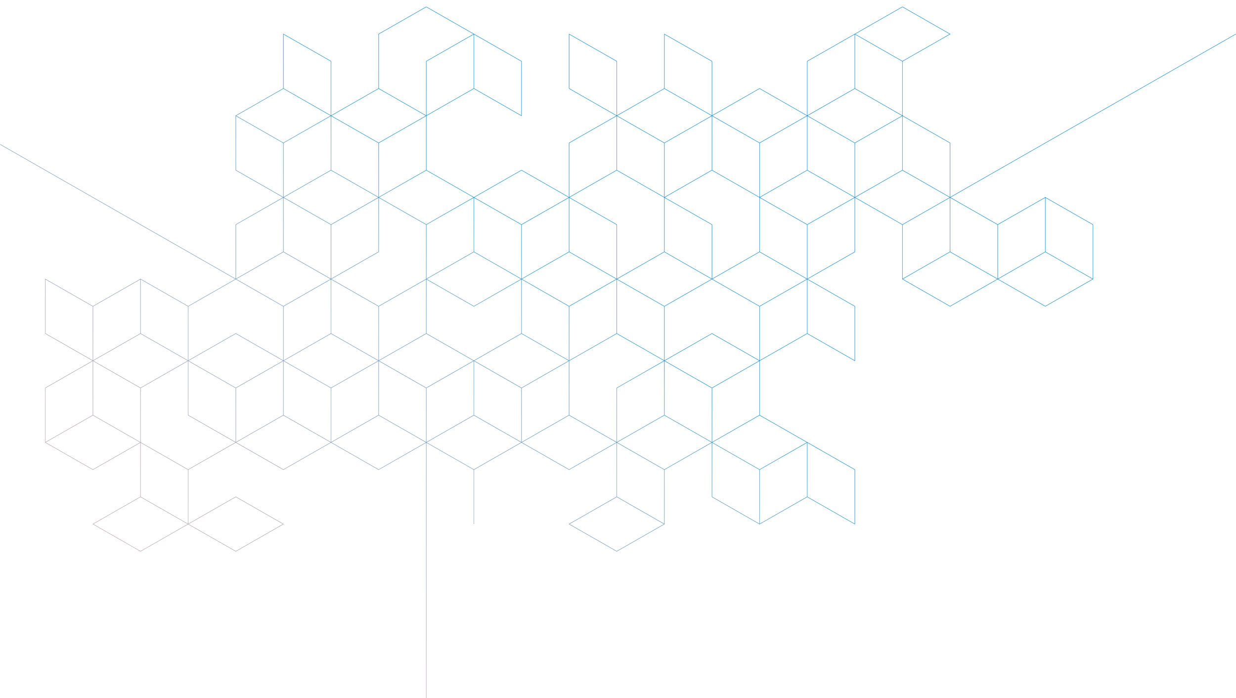 Blue graphic with hexagonal patterns and connecting lines, representing technology or digital network.