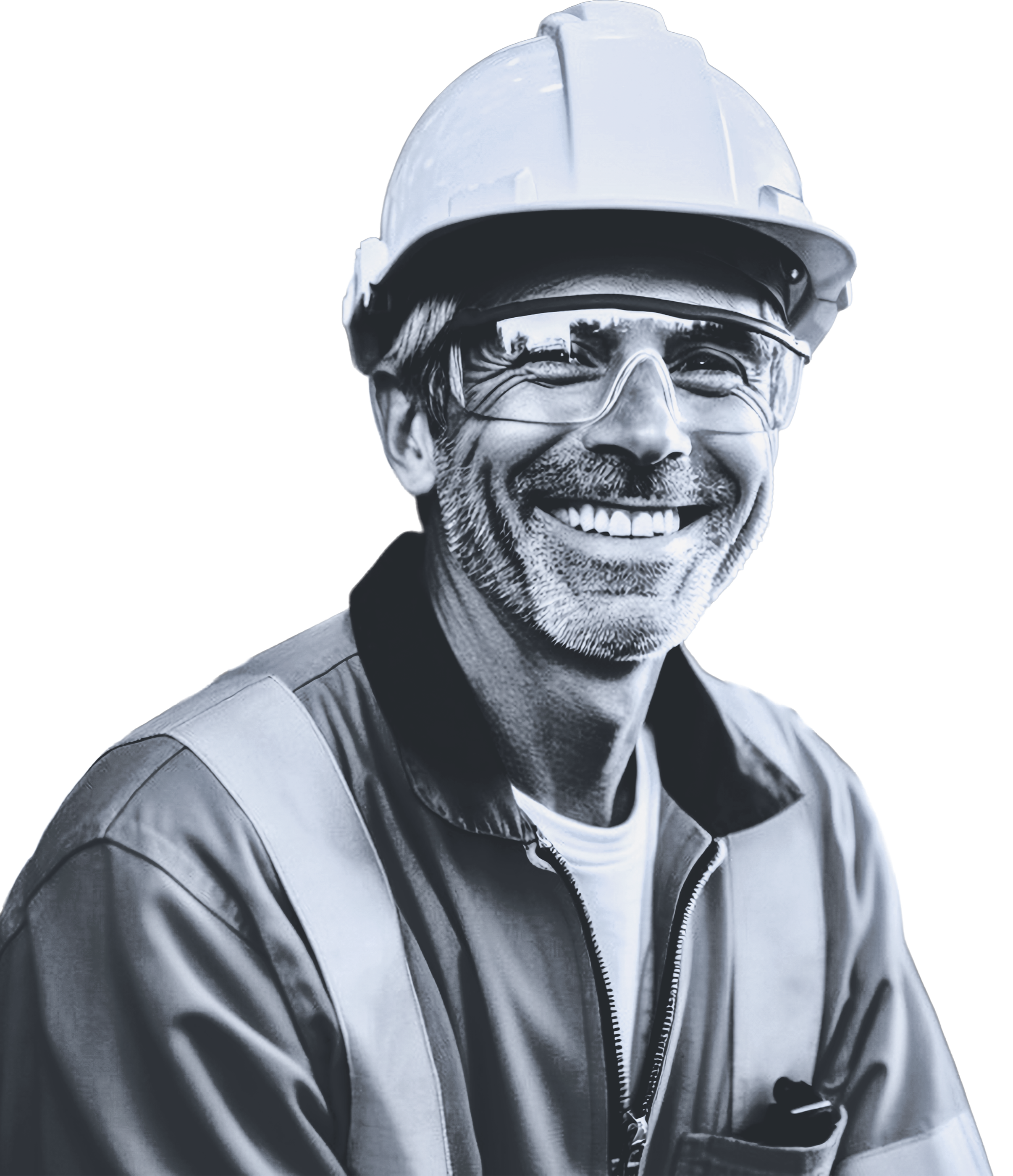 Close-up of a smiling man with glasses, wearing a safety helmet and a white zip-up jacket