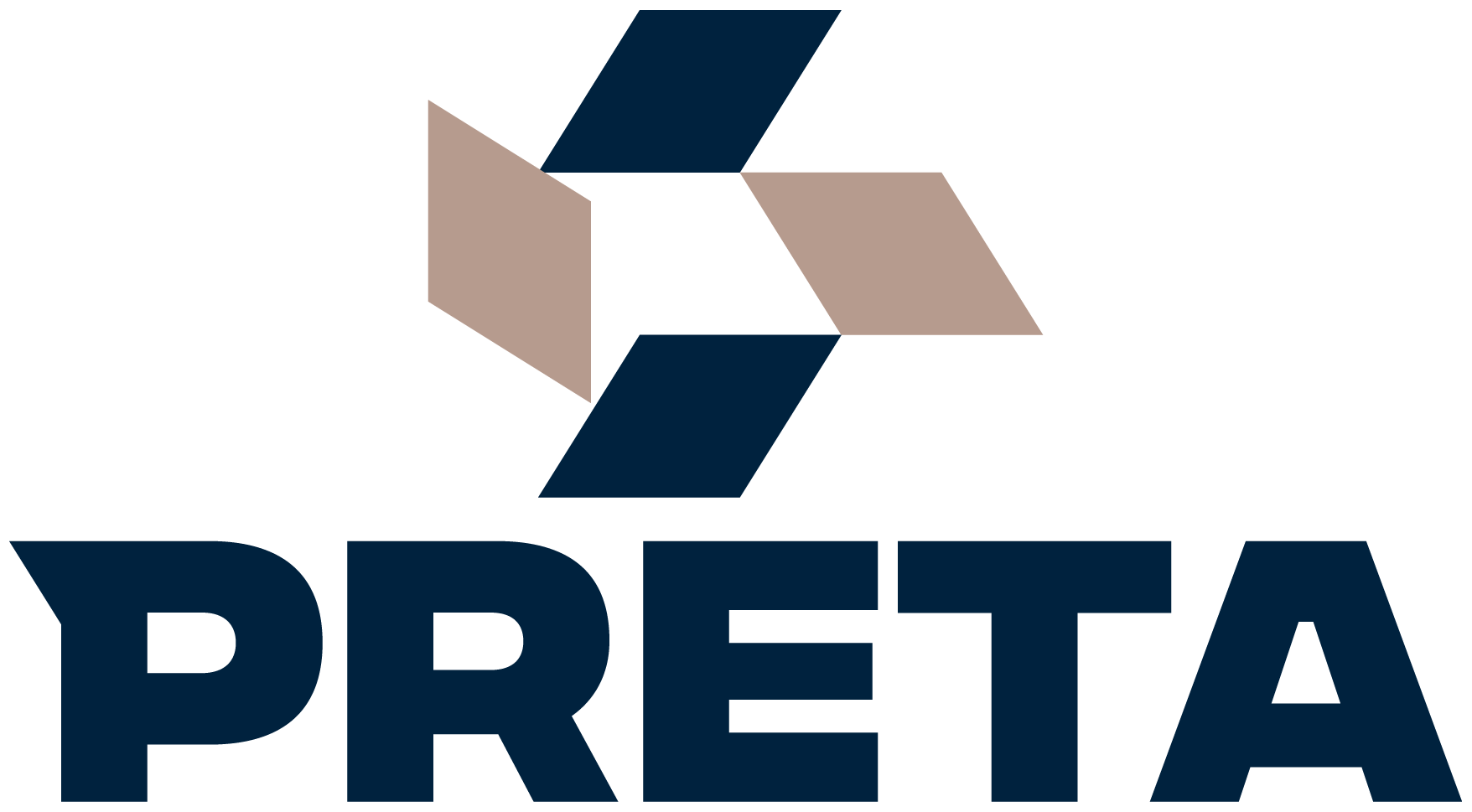 PRETA logo featuring interconnected geometric shapes in blue and beige, with the word 'PRETA' in bold dark blue letters beneath.