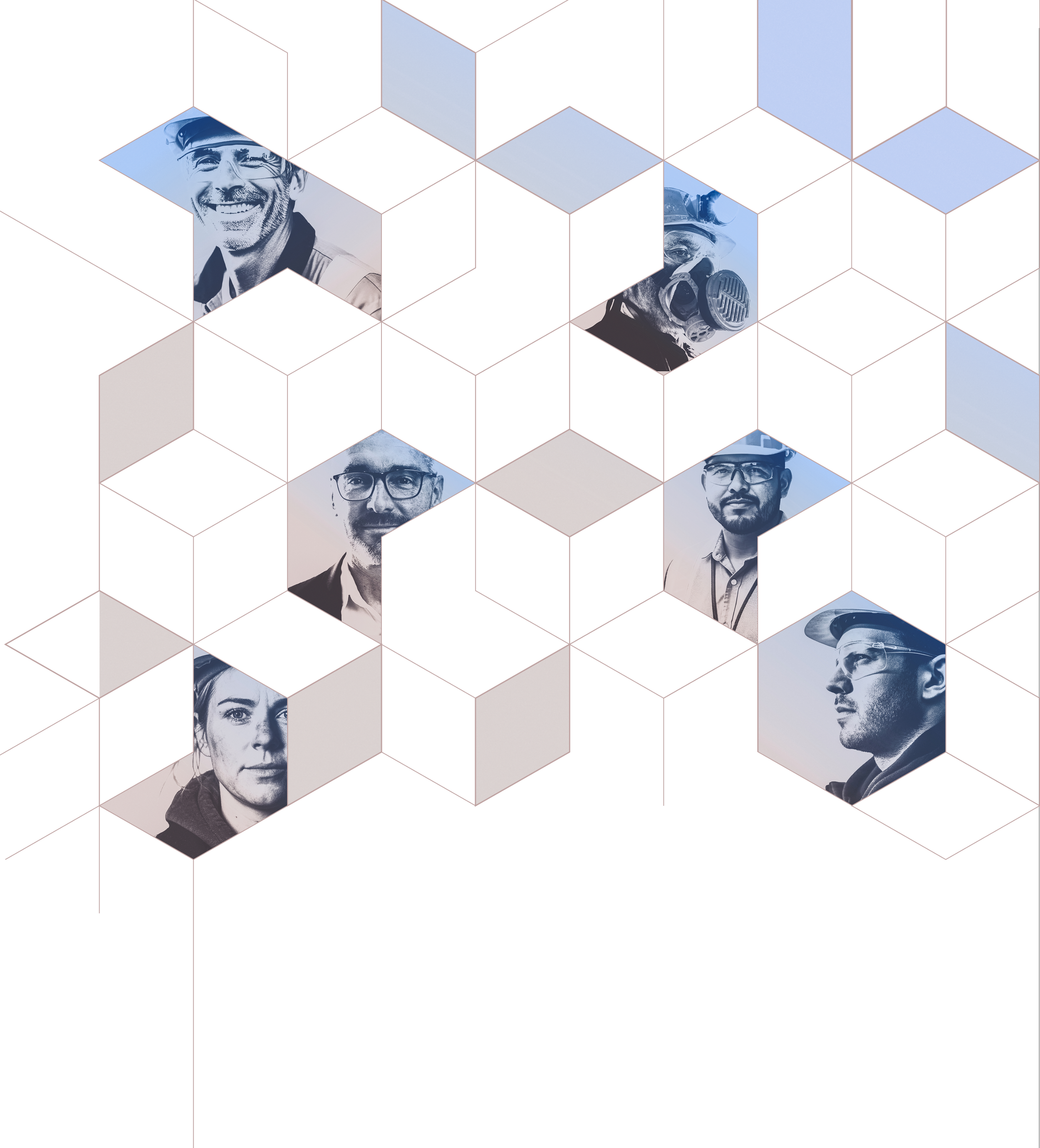 Collage of healthcare and science professionals, including a woman, a man with glasses, and a person in a gas mask, arranged in a geometric pattern with blue tones and pink background.