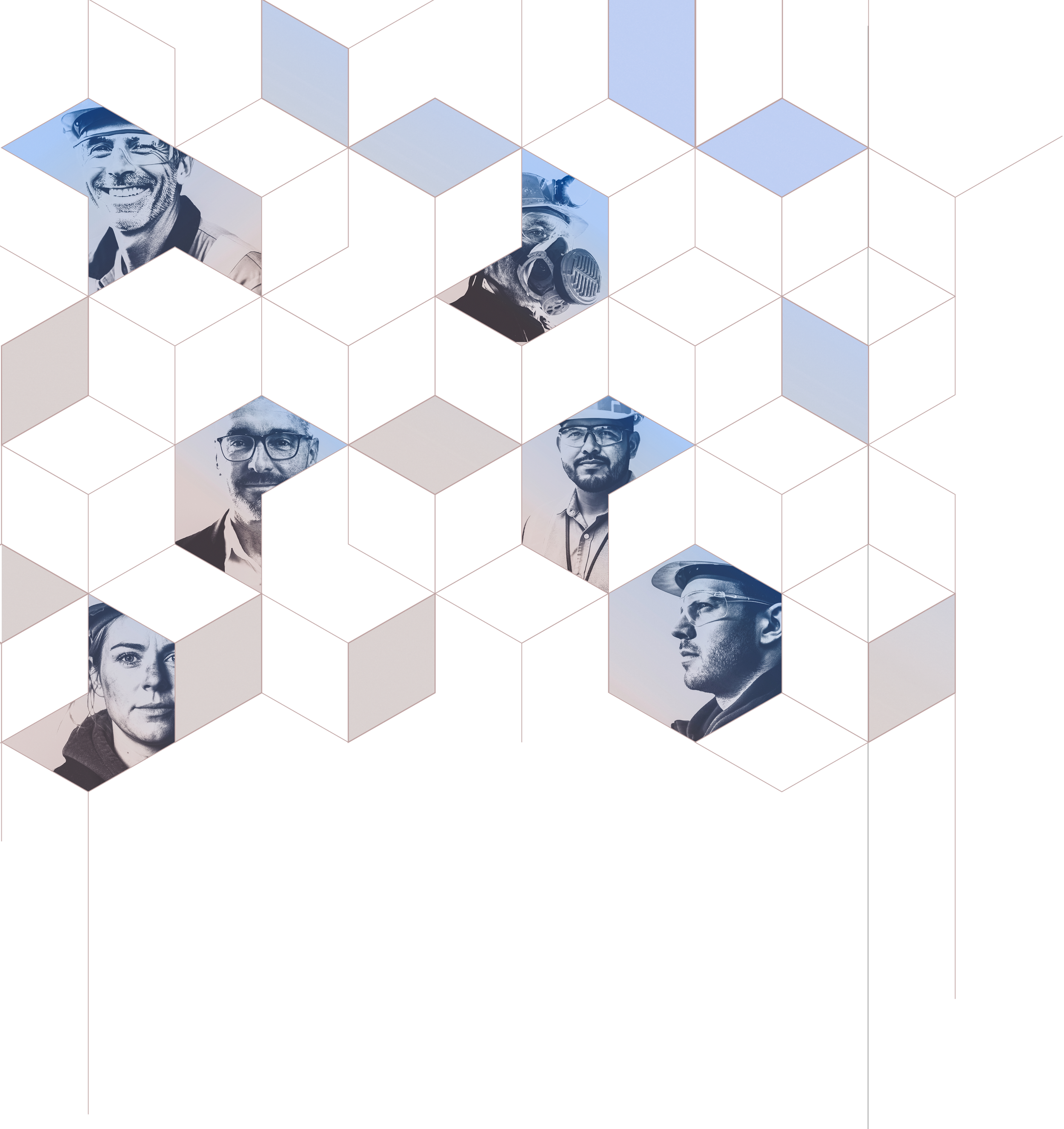 A series of black-and-white portraits of diverse individuals displayed on a geometric, three-dimensional, hexagon-shaped patterned background in shades of beige and light blue.