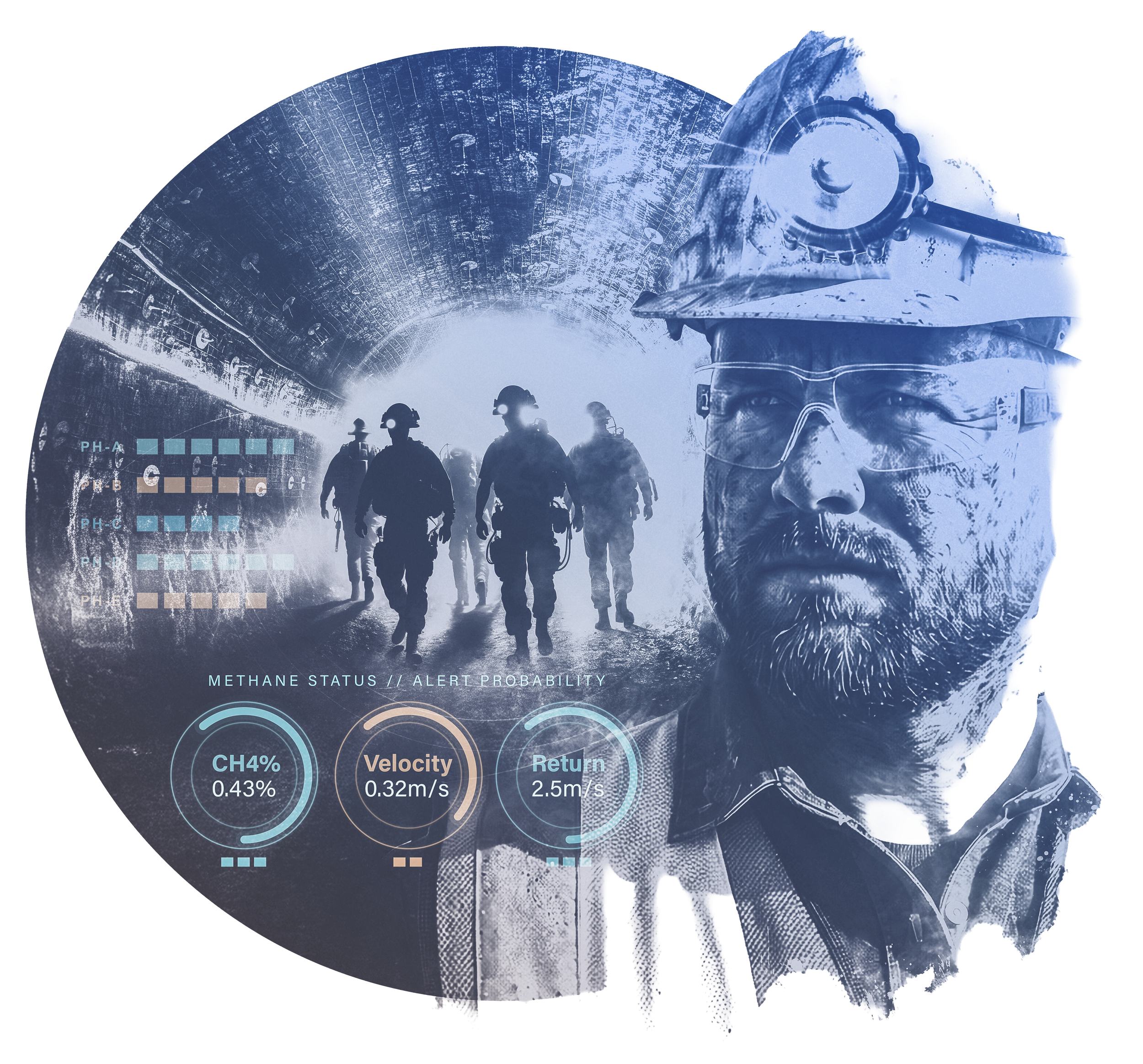 A digital science illustration showing a large gear or turbine, with silhouettes of workers wearing helmets and safety gear in front of it. The image includes graphical overlays with data and labels such as methane levels, velocity, and other metrics related to industrial or scientific analysis.