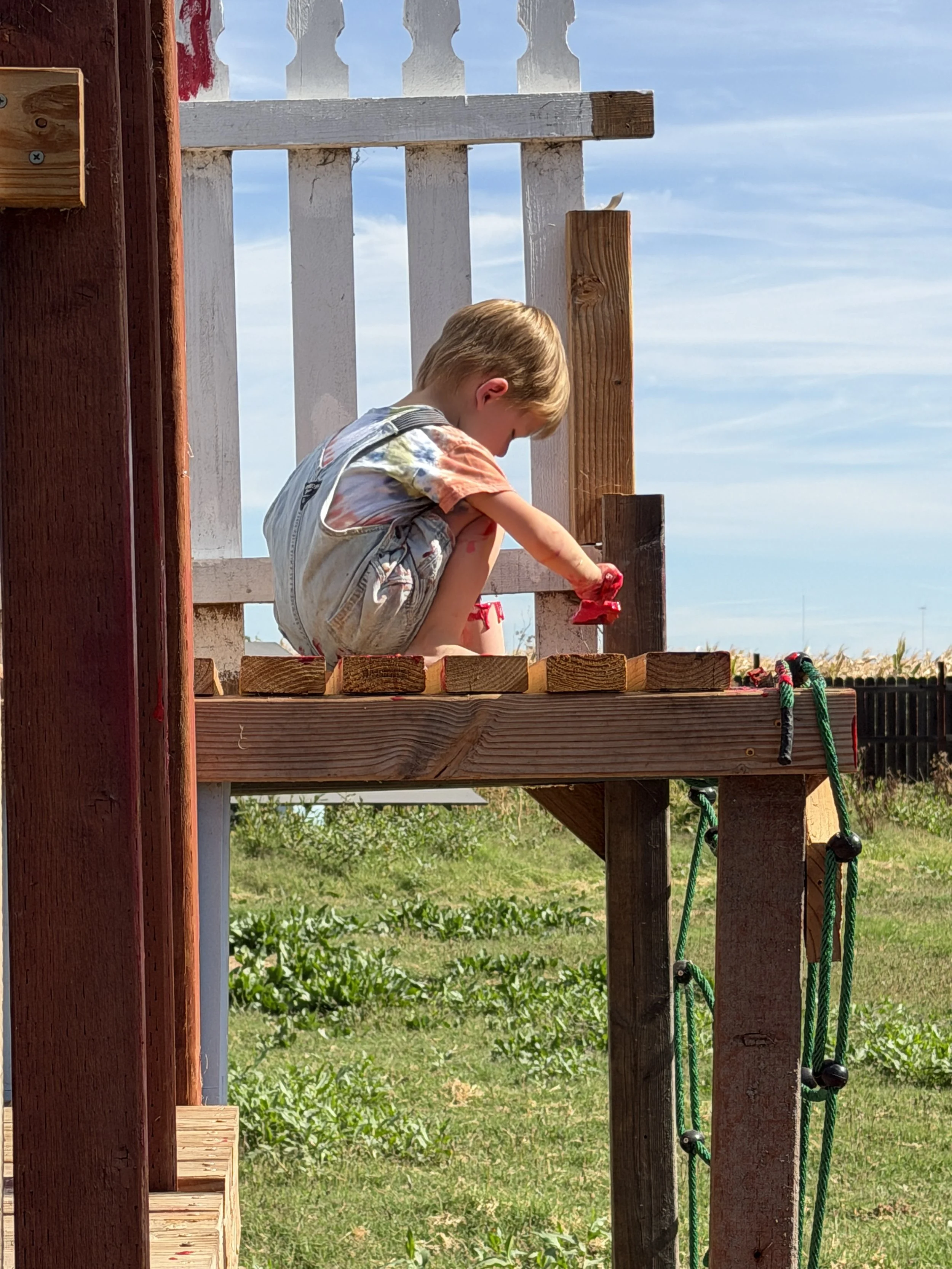 A young boy with blond hair squats on a wooden deck next to a wooden railing, holding a red toy in his hand. The deck is attached to a larger structure, possibly a playhouse, with a red vertical beam and a white fence in the background. The scene is 