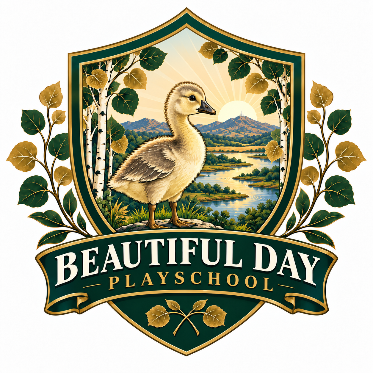 A decorative emblem featuring a chick standing in front of a riverside landscape with mountains and a sunrise, surrounded by birch trees and gold-hued leaves. The emblem includes the text "Beautiful Day Playschool".