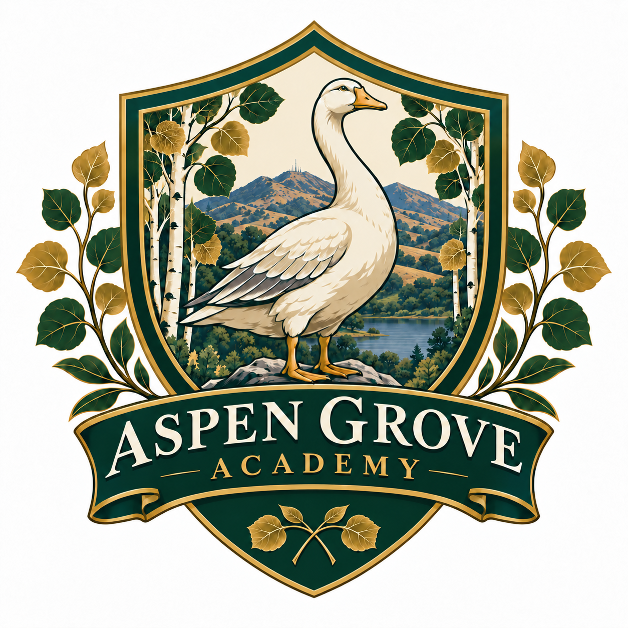 A crest featuring a white goose standing on a rock with a mountain, trees, and a lake in the background. Surrounding the crest are gold and green leaves, with the words "Aspen Grove Academy" underneath.