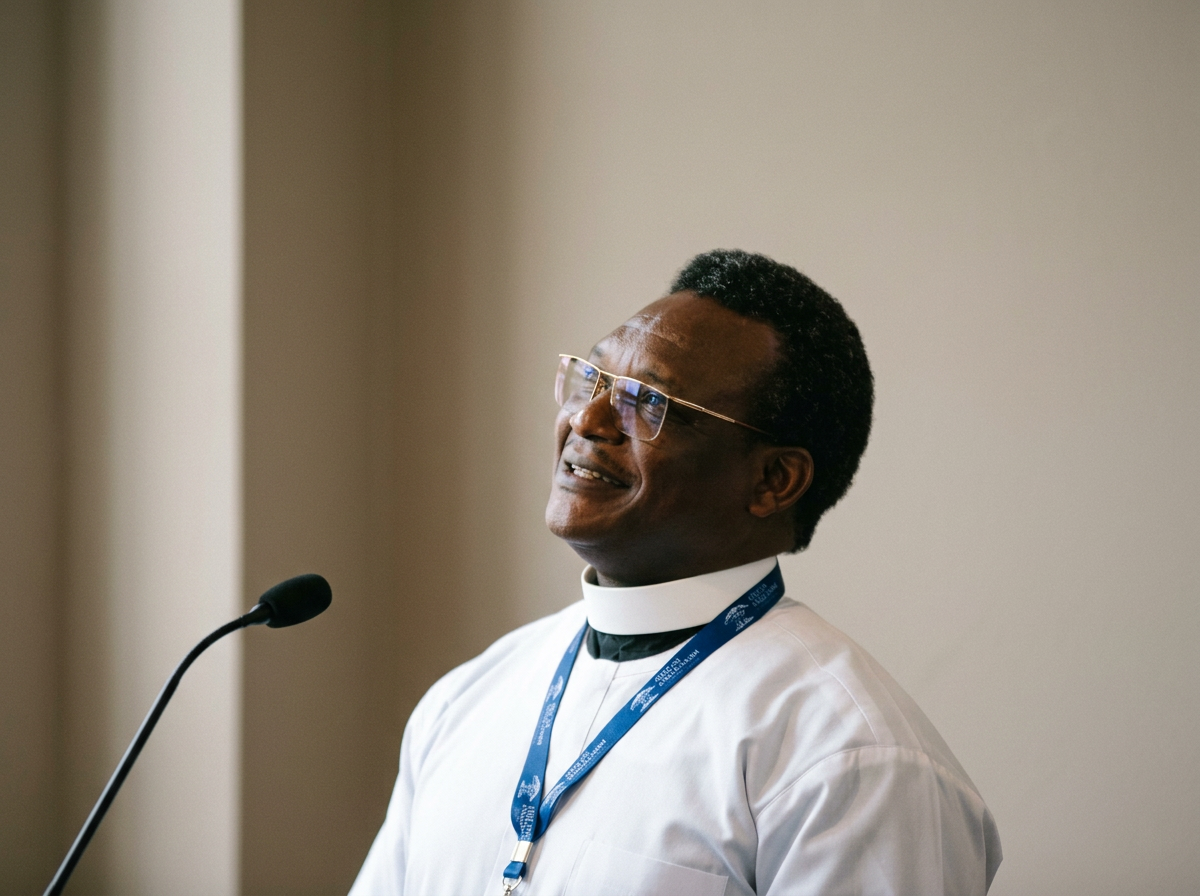 African American male priest wearing glasses and a clerical collar speaking at a microphone during a presentation or speech.