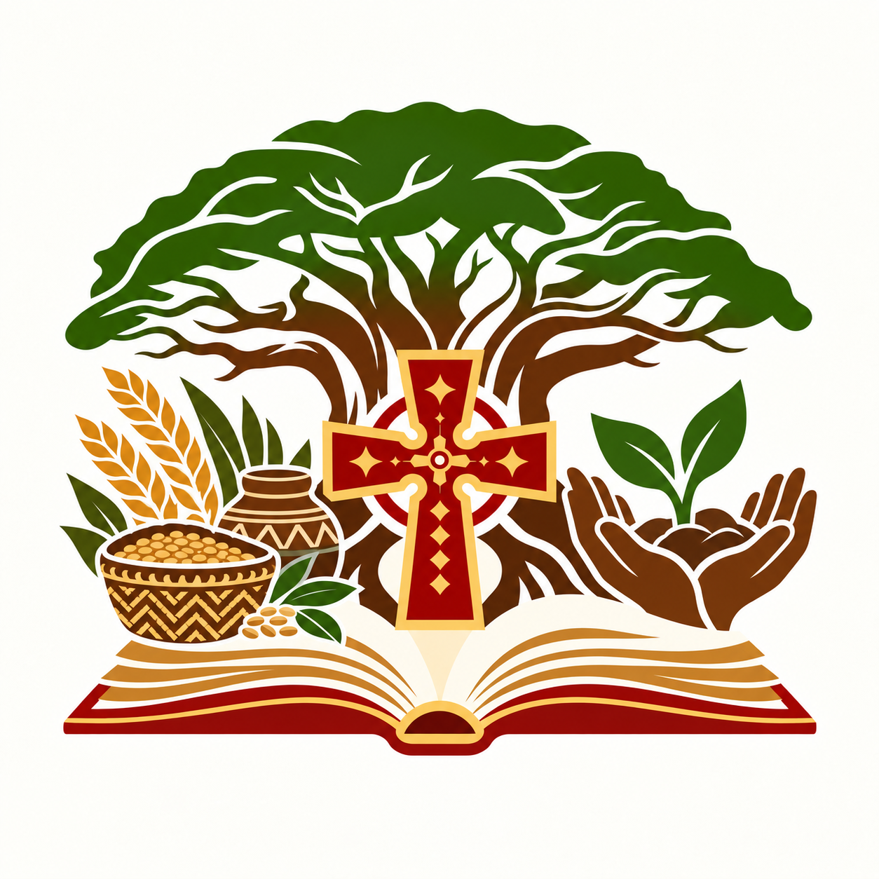 A graphic illustration of a tree growing from an open book, with wheat, a bowl of grains, and pottery on one side, and hands holding a young plant on the other, featuring a red and gold cross at the center.