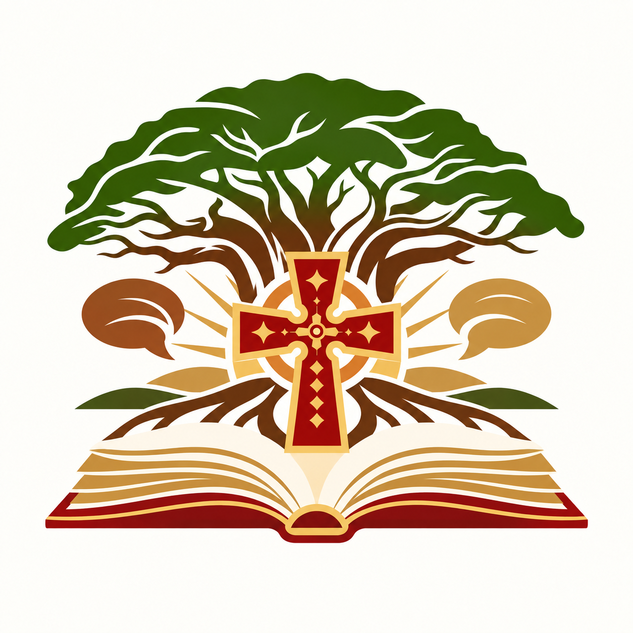 A stylized open Bible with a tree growing from its pages, a red cross in the center, and green and brown leaves surrounding it.