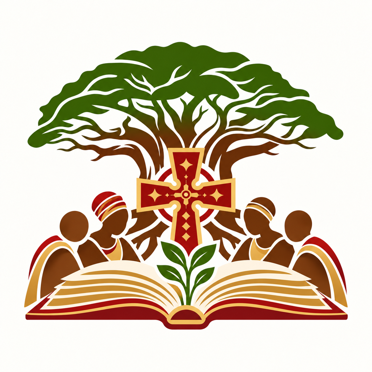 Illustration of a growing tree emerging from an open book, with a cross at the center, and diverse children surrounding it.