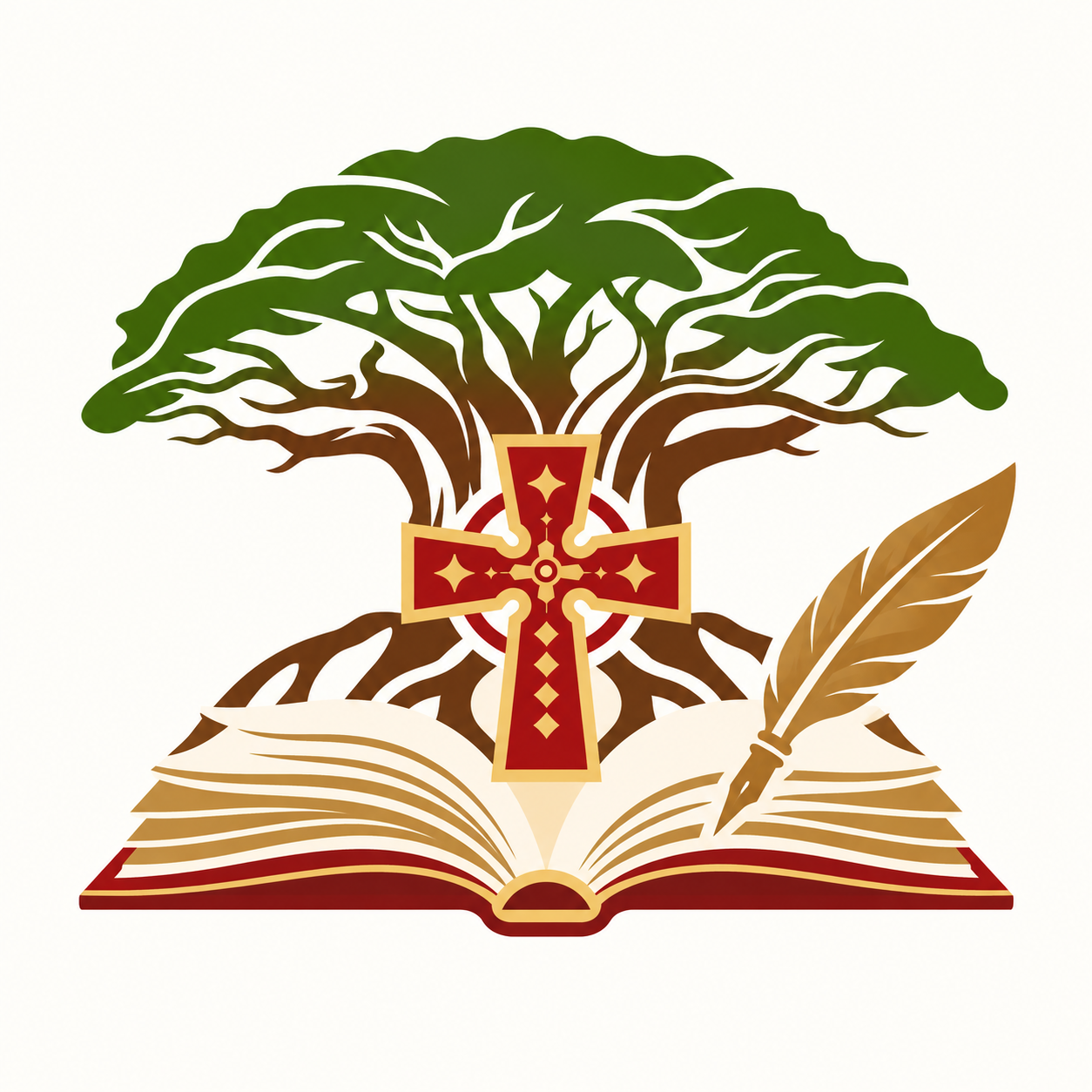 An open book with a feather quill on the right page, a red and gold cross with decorative elements centered above the book, a tree with green leaves and brown branches growing from behind the book.