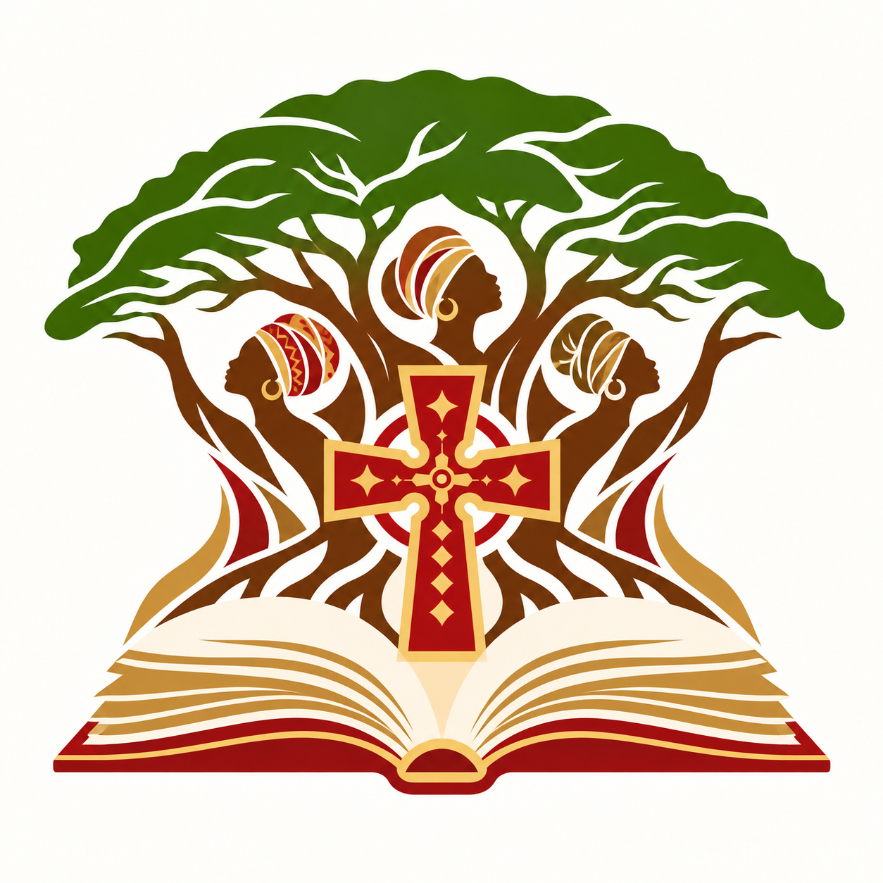 Illustration of an open book with a tree growing out of it, featuring three African women in profile with colorful head wraps and earrings, a red and gold Christian cross in the center.