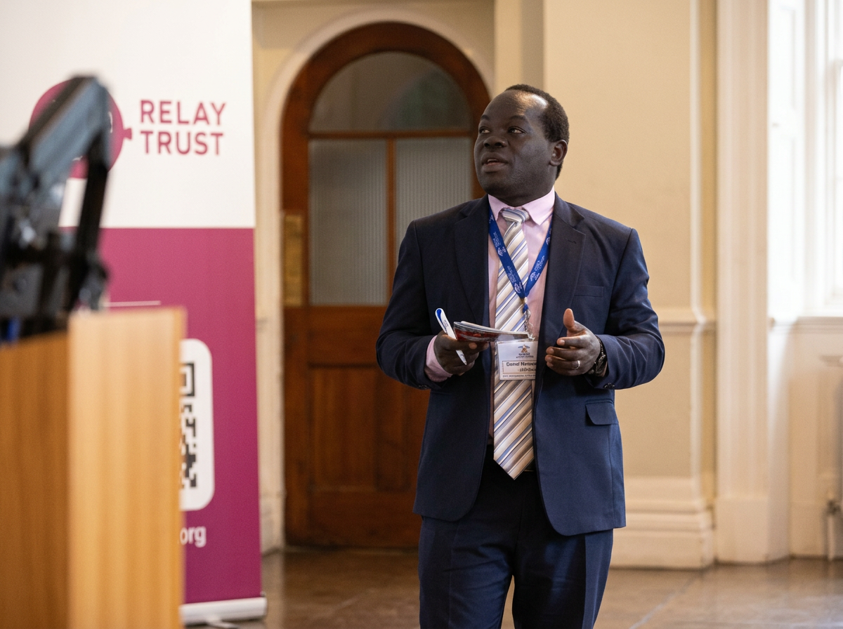 A man in a suit holding a smartphone and notes, standing in a conference room near a Relay Trust banner.