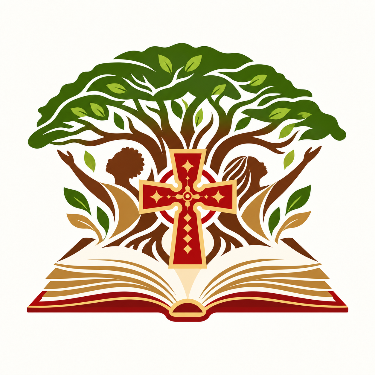 An open Bible with a large tree growing from its pages, featuring a cross at the center and two children, one boy and one girl, standing on either side with arms raised.