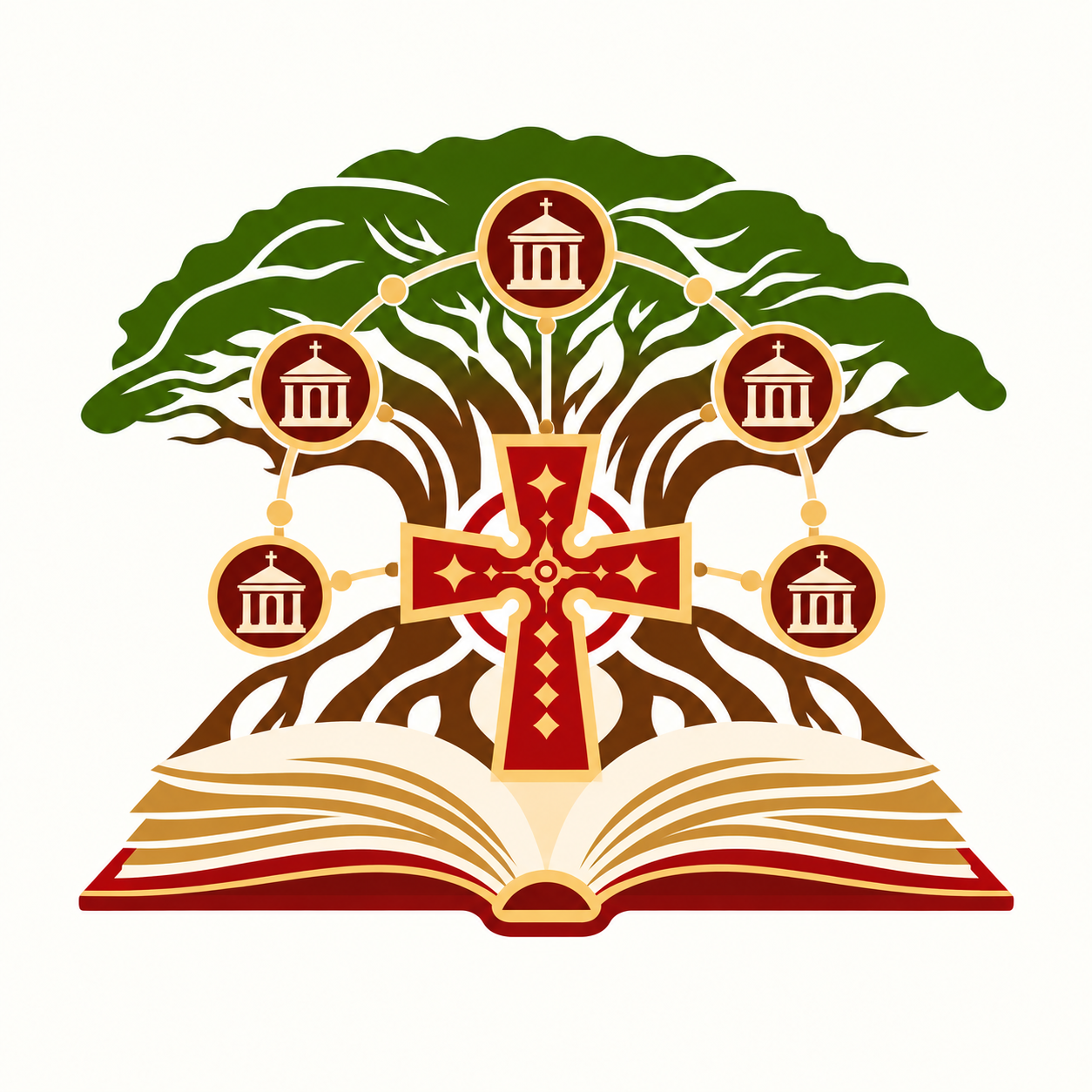 A stylized illustration of a Bible with a cross, a tree with green leaves, and five church icons connected by lines.