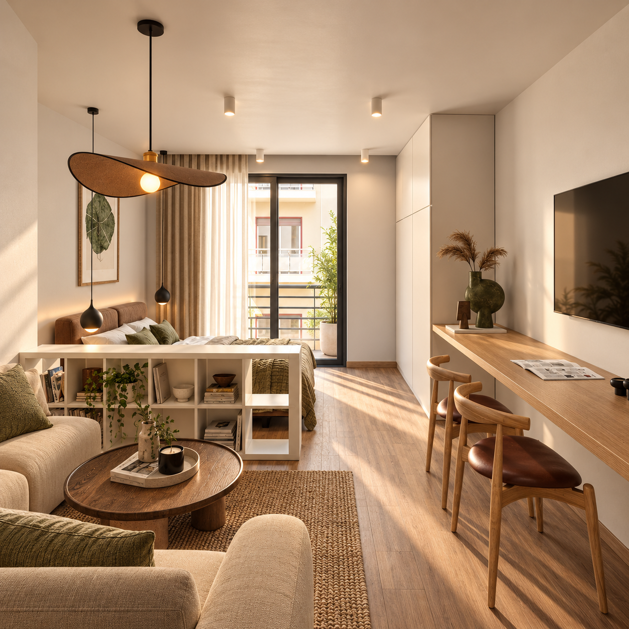 A sunlit modern studio apartment interior with a bed, seating area, wall-mounted TV, and a bar-style wooden counter with two chairs.