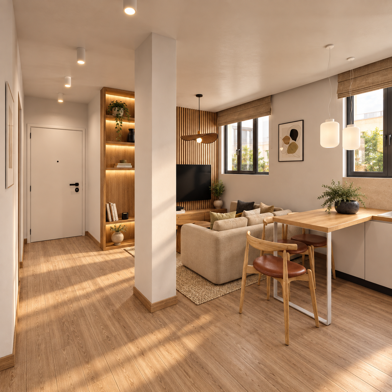 A modern, cozy living room and dining area in an apartment with light wood flooring, beige sofa, and wooden furniture, illuminated by natural light from windows and warm ceiling lighting.