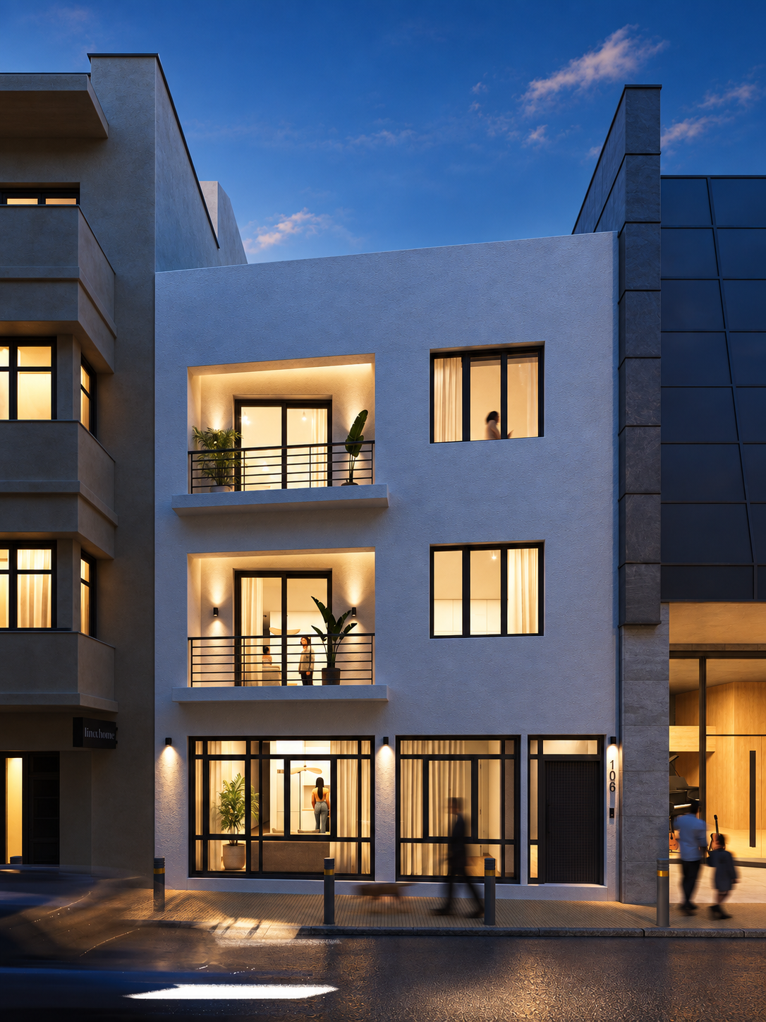 Modern apartment building at dusk with illuminated windows and balconies, some with plants, people inside and outside, and a street with pedestrians in the foreground.