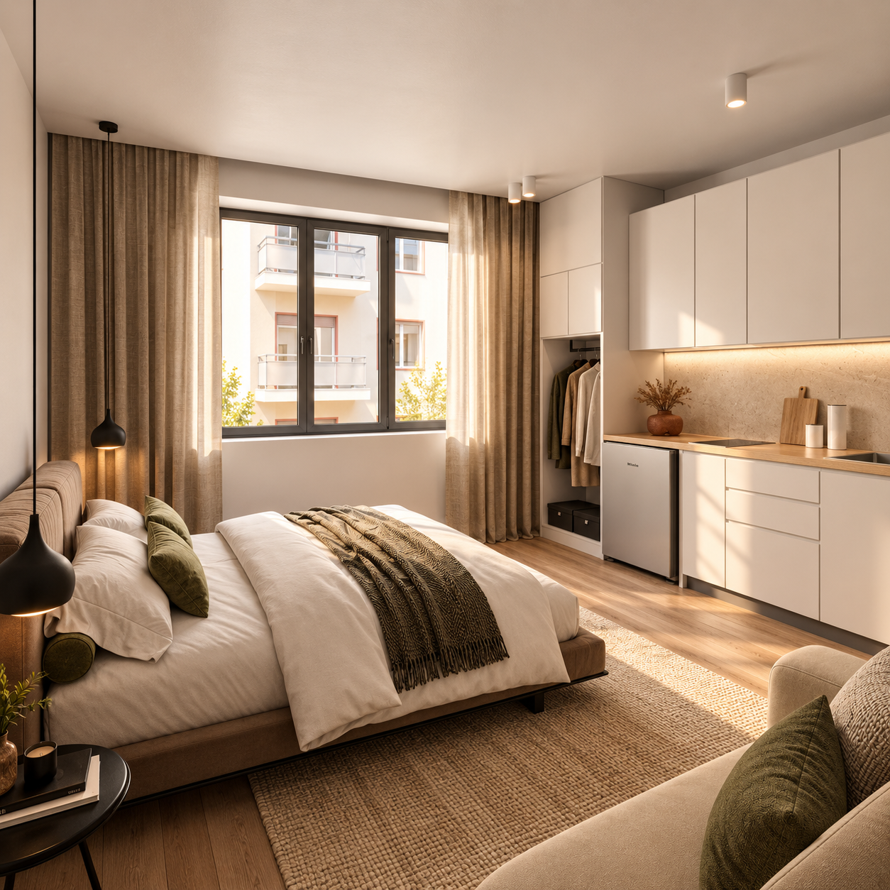 A modern studio apartment with a bed, a small kitchen area, large window with curtains, and warm lighting.