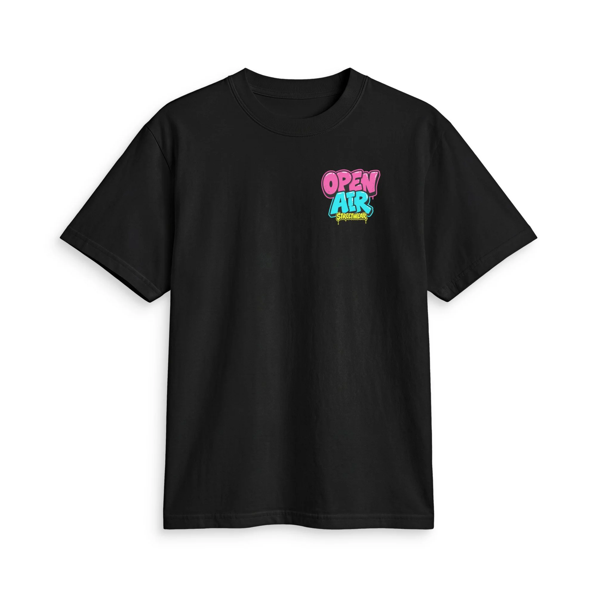 Black OPEN AIR First Edition T-shirt, front view with small neon graffiti chest logo