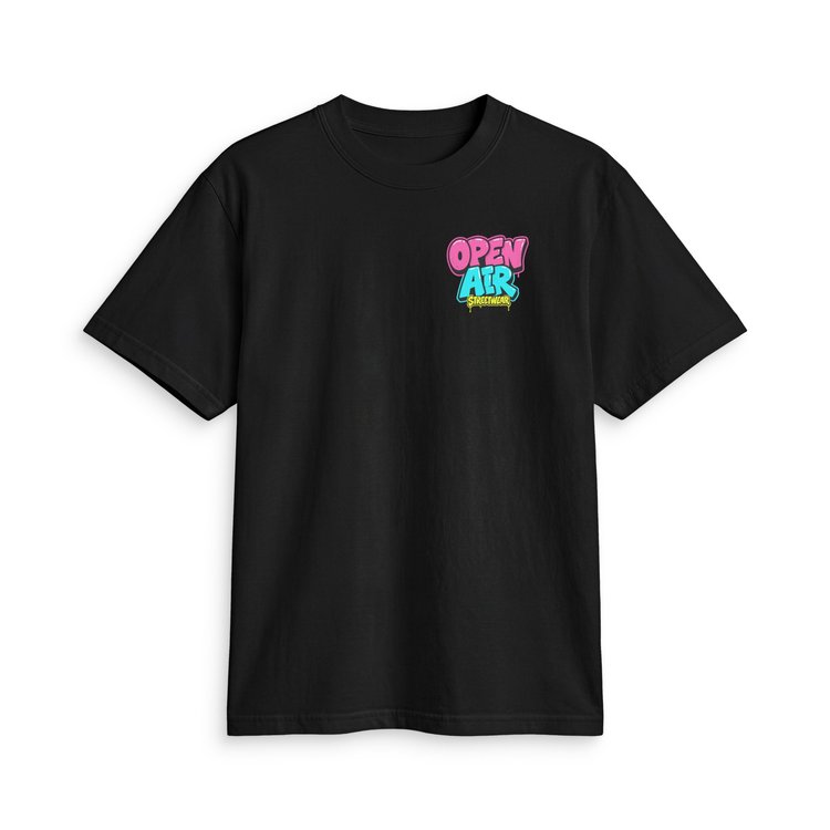 Front of the First Edition black tee with small left-chest graffiti logo