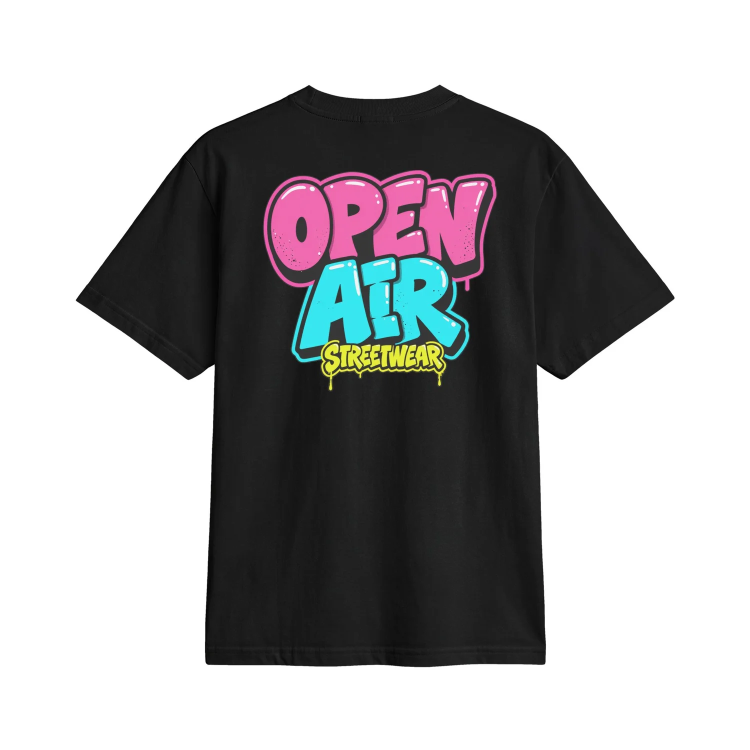 Black OPEN AIR First Edition T-shirt with large pink, cyan and yellow graffiti back print
