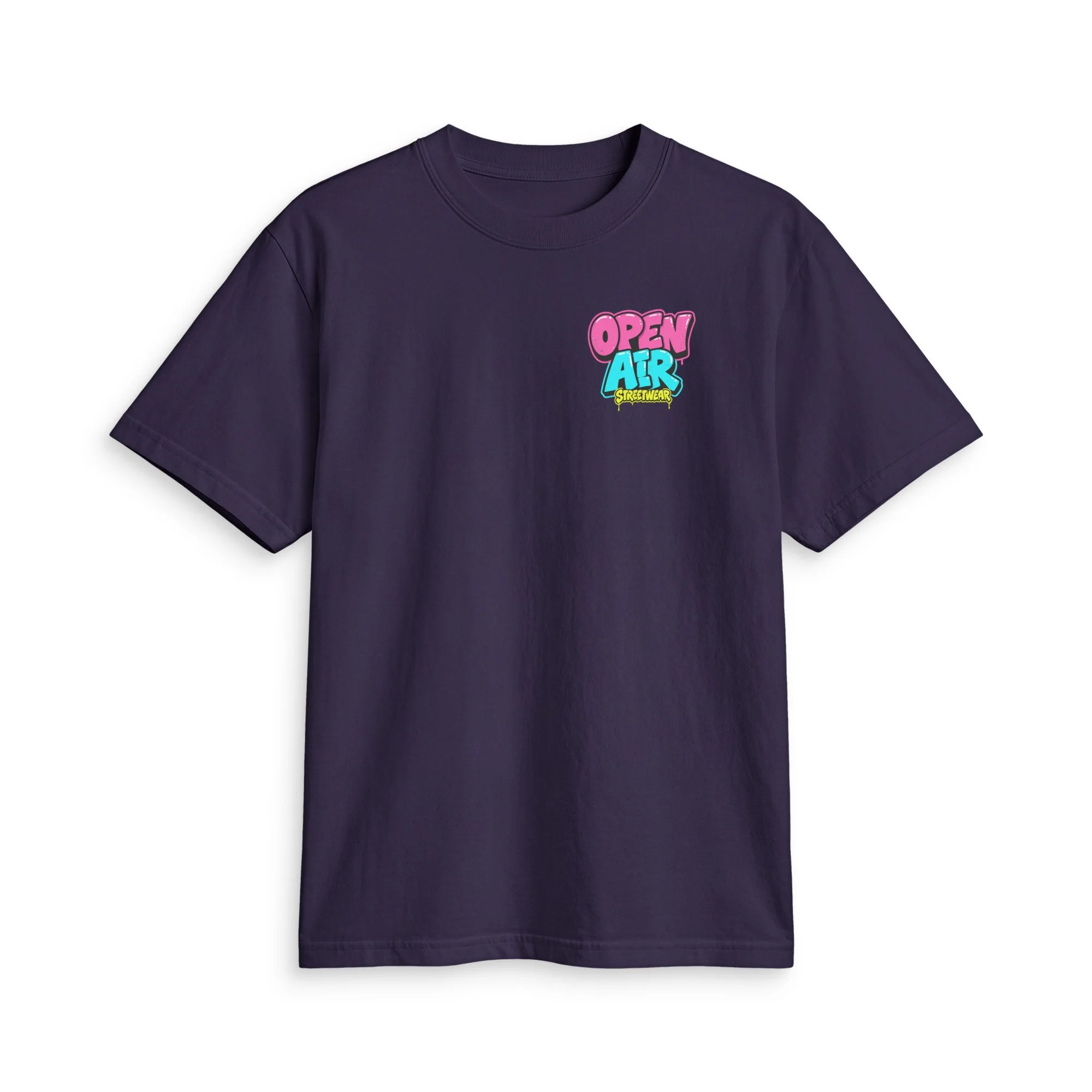 OPEN AIR First Edition T-shirt, front view with small neon graffiti chest logo