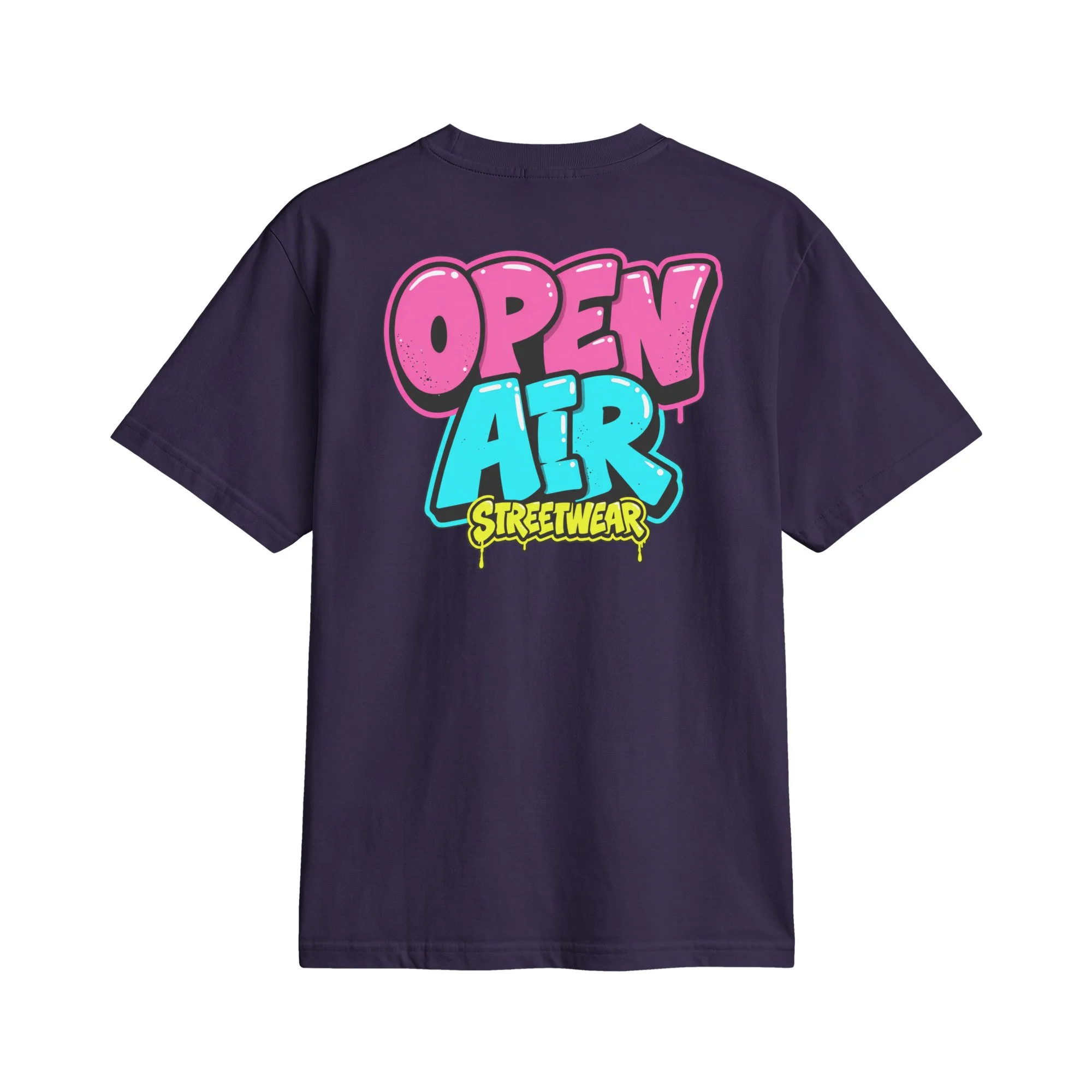 OPEN AIR First Edition T-shirt, back view with large neon graffiti OPEN AIR STREETWEAR print