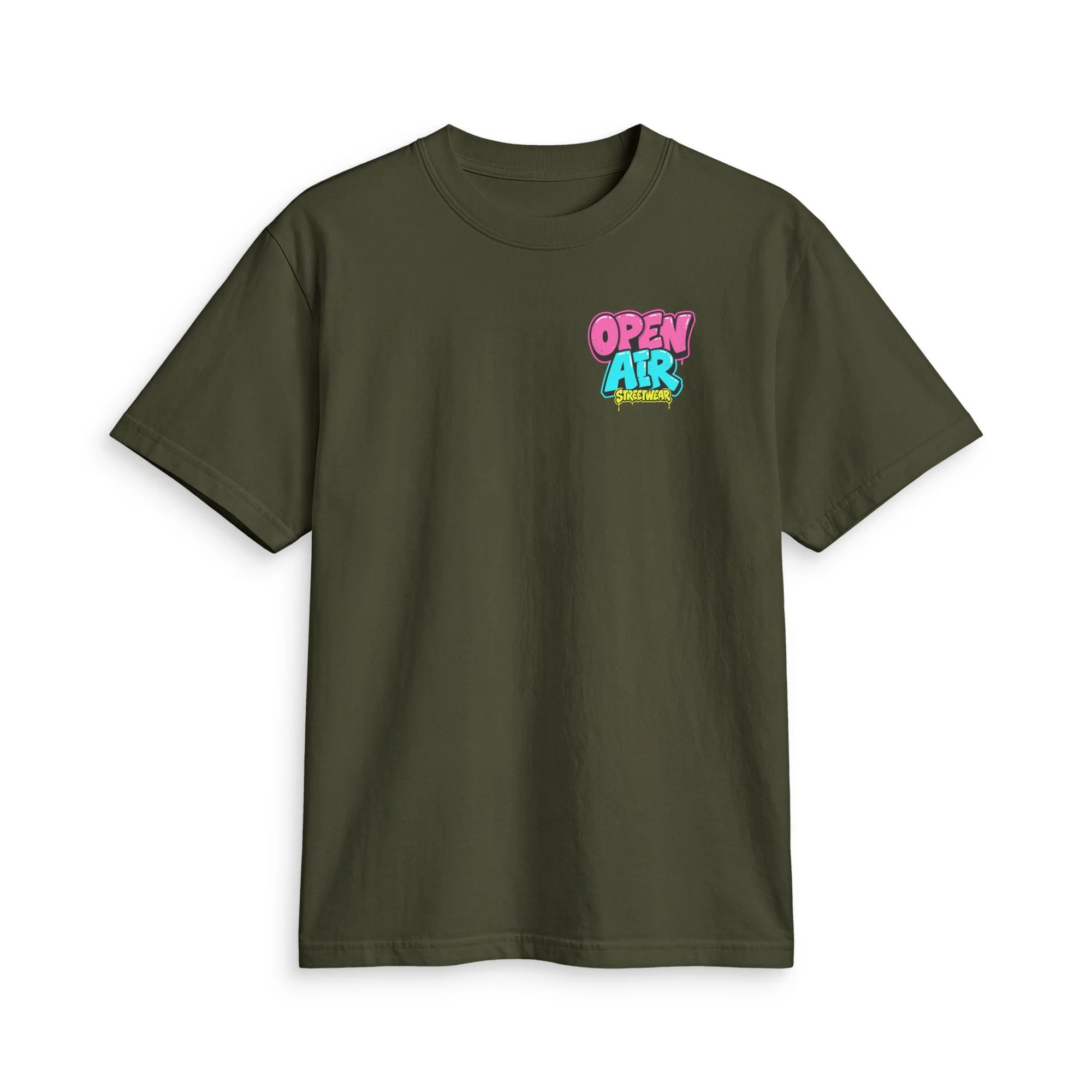 OPEN AIR First Edition T-shirt, front view with small neon graffiti chest logo