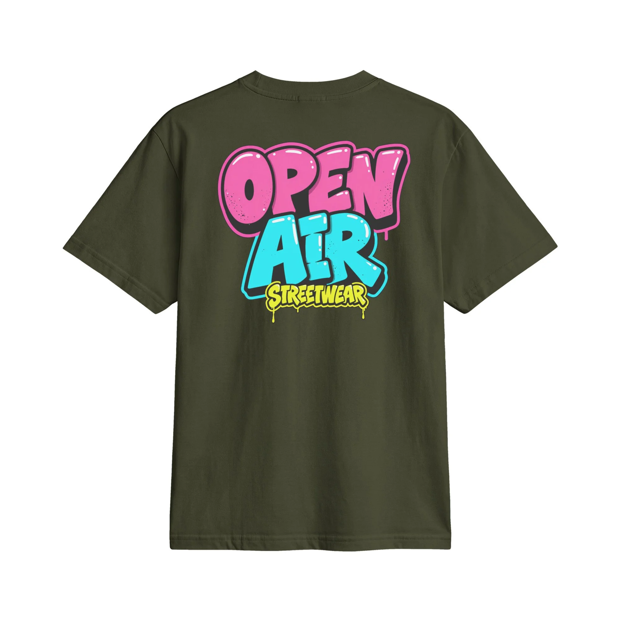 OPEN AIR First Edition T-shirt, back view with large neon graffiti OPEN AIR STREETWEAR print