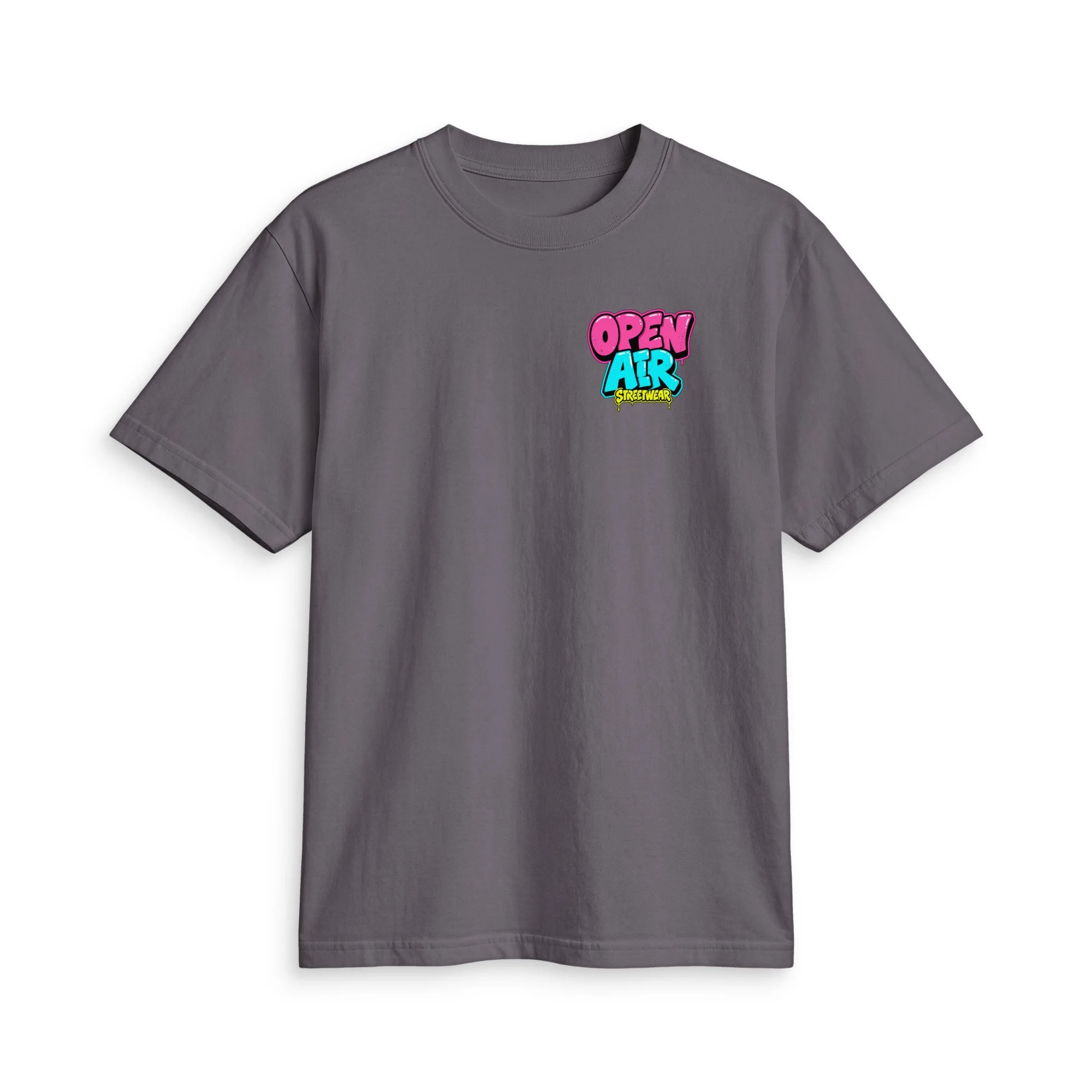 OPEN AIR First Edition T-shirt, front view with small neon graffiti chest logo