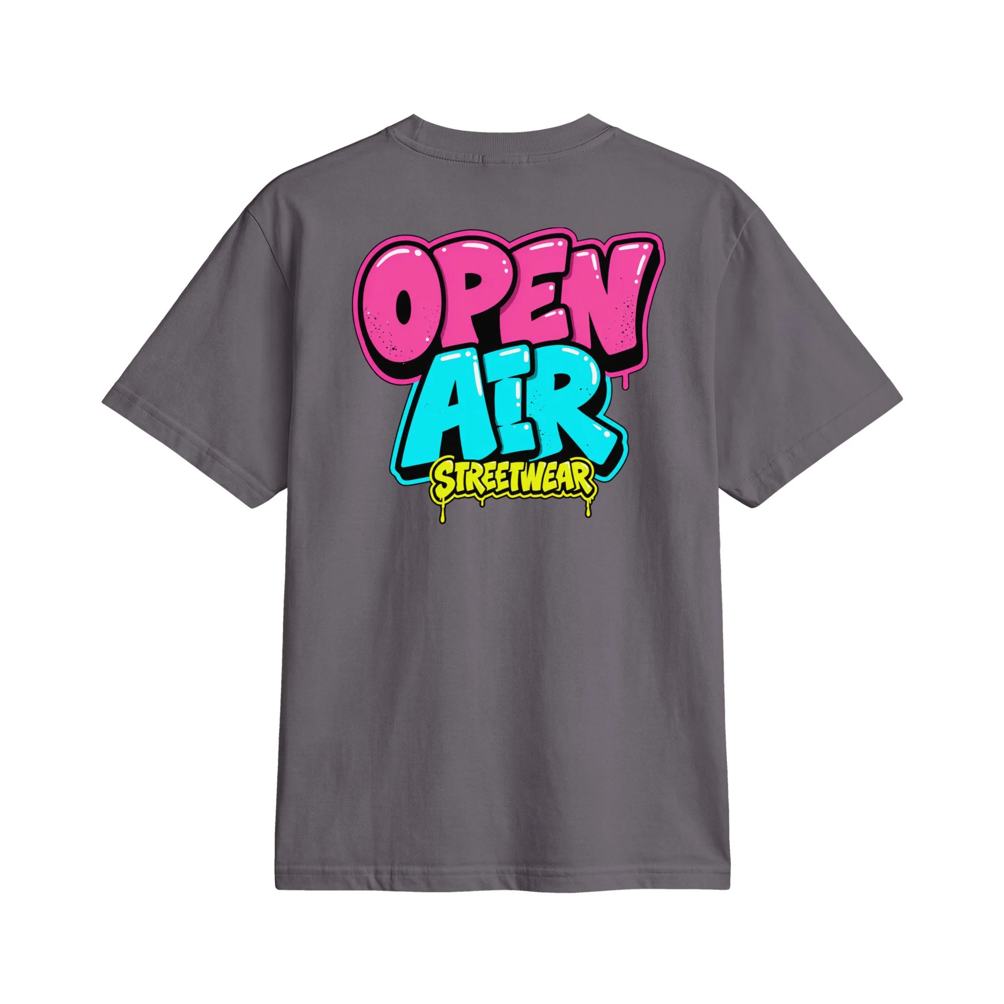 OPEN AIR First Edition T-shirt, back view with large neon graffiti OPEN AIR STREETWEAR print