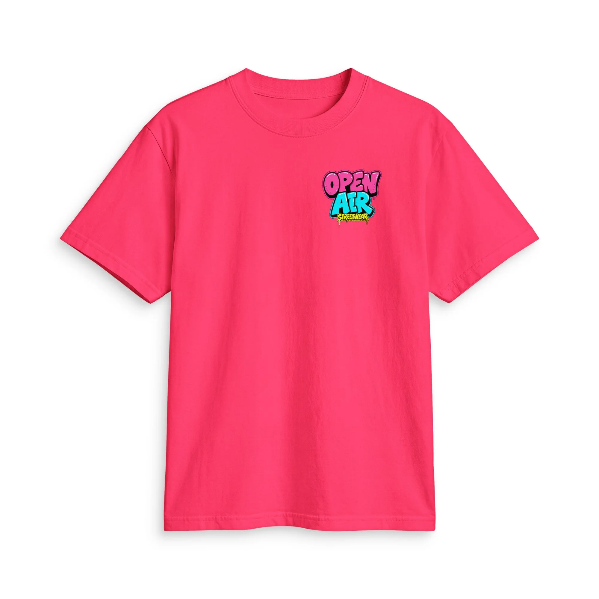 OPEN AIR First Edition T-shirt, front view with small neon graffiti chest logo