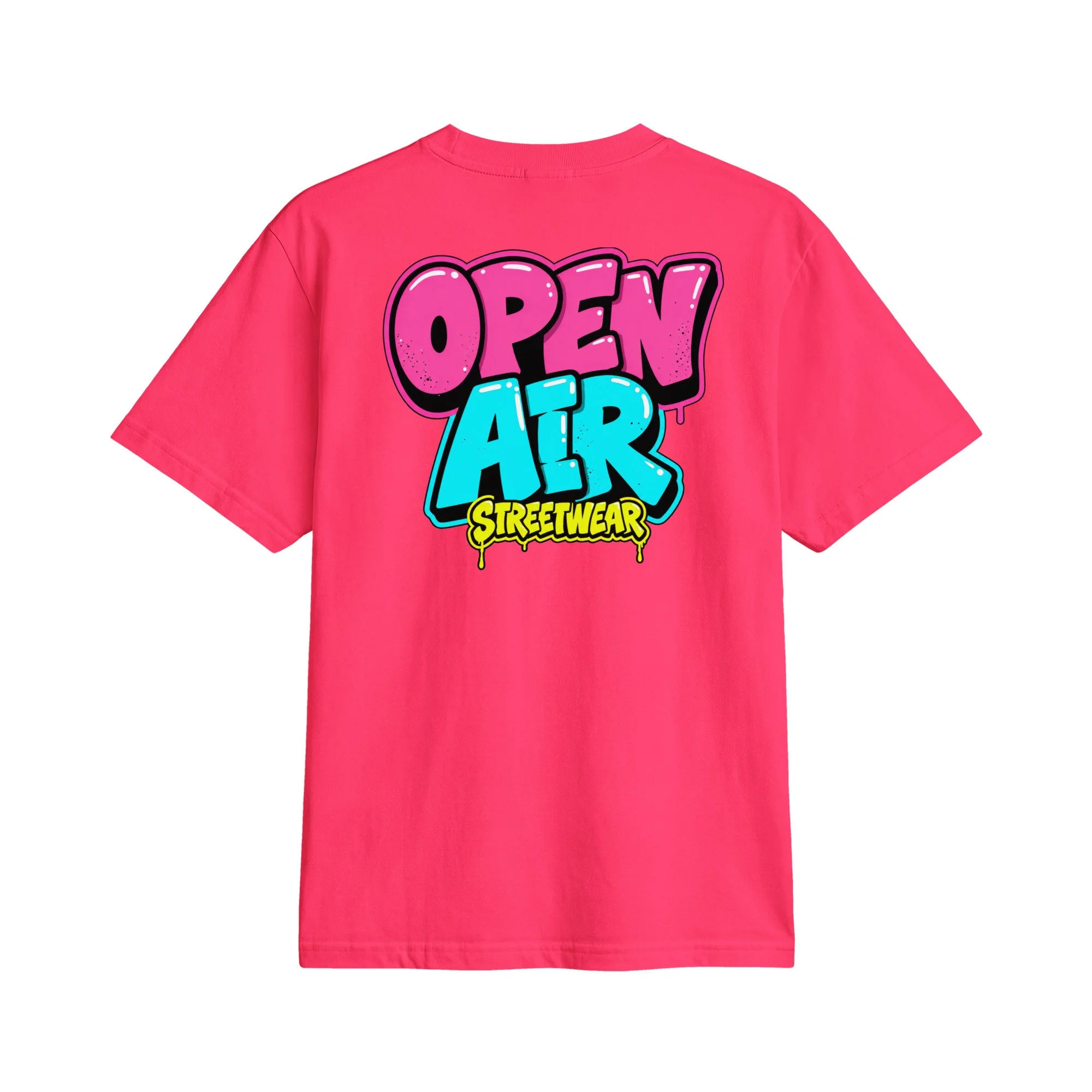 OPEN AIR First Edition T-shirt, back view with large neon graffiti OPEN AIR STREETWEAR print