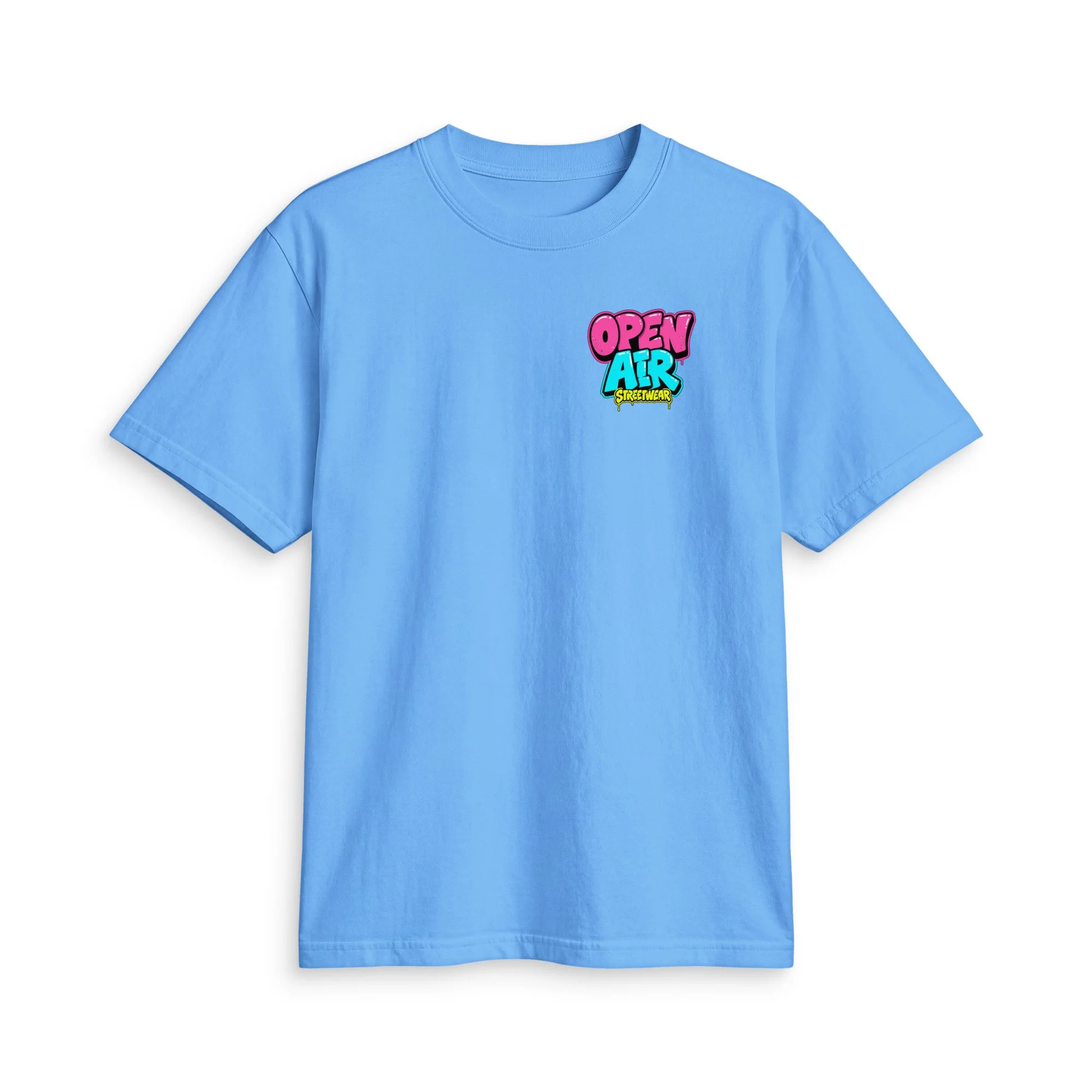 OPEN AIR First Edition T-shirt, front view with small neon graffiti chest logo