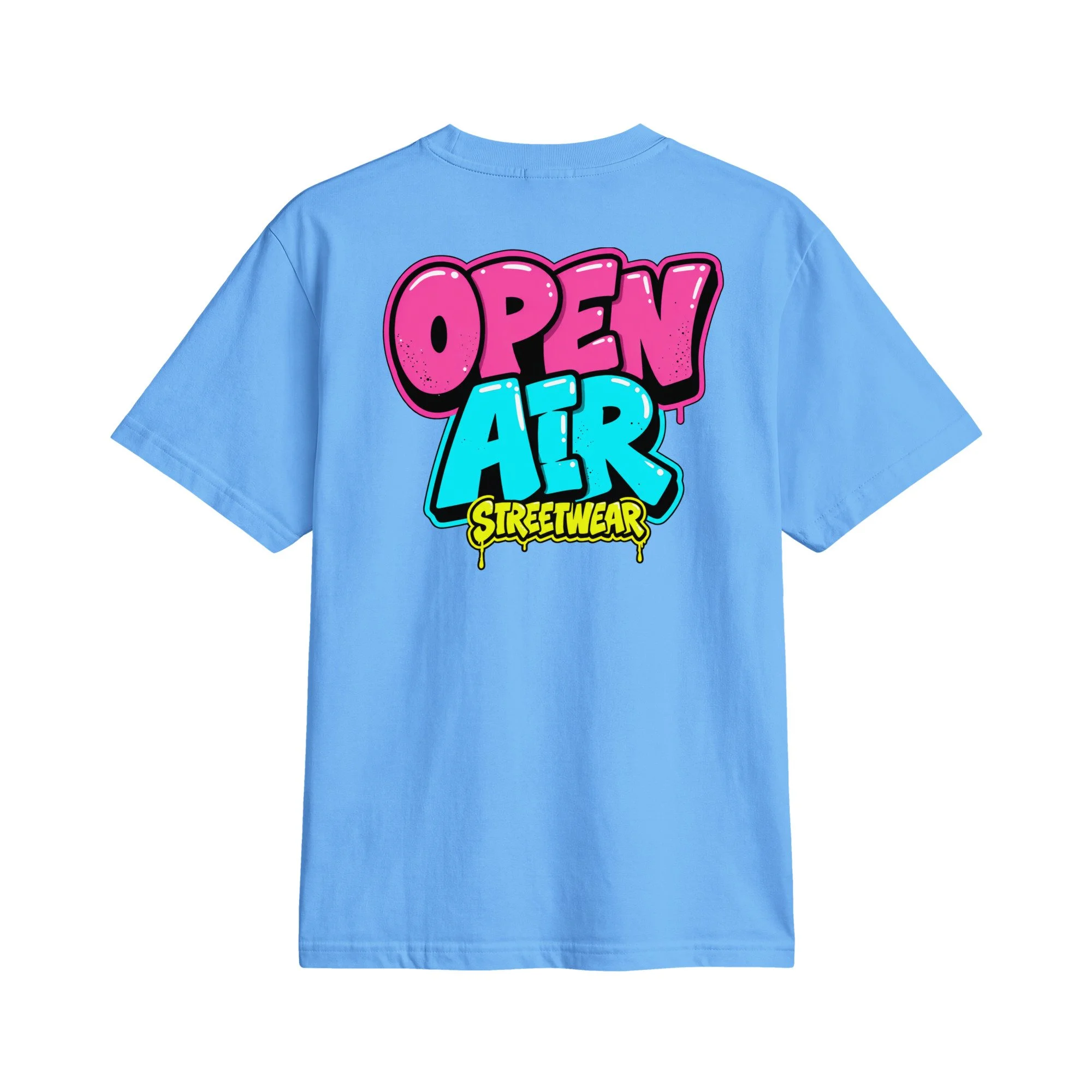 OPEN AIR First Edition T-shirt, back view with large neon graffiti OPEN AIR STREETWEAR print
