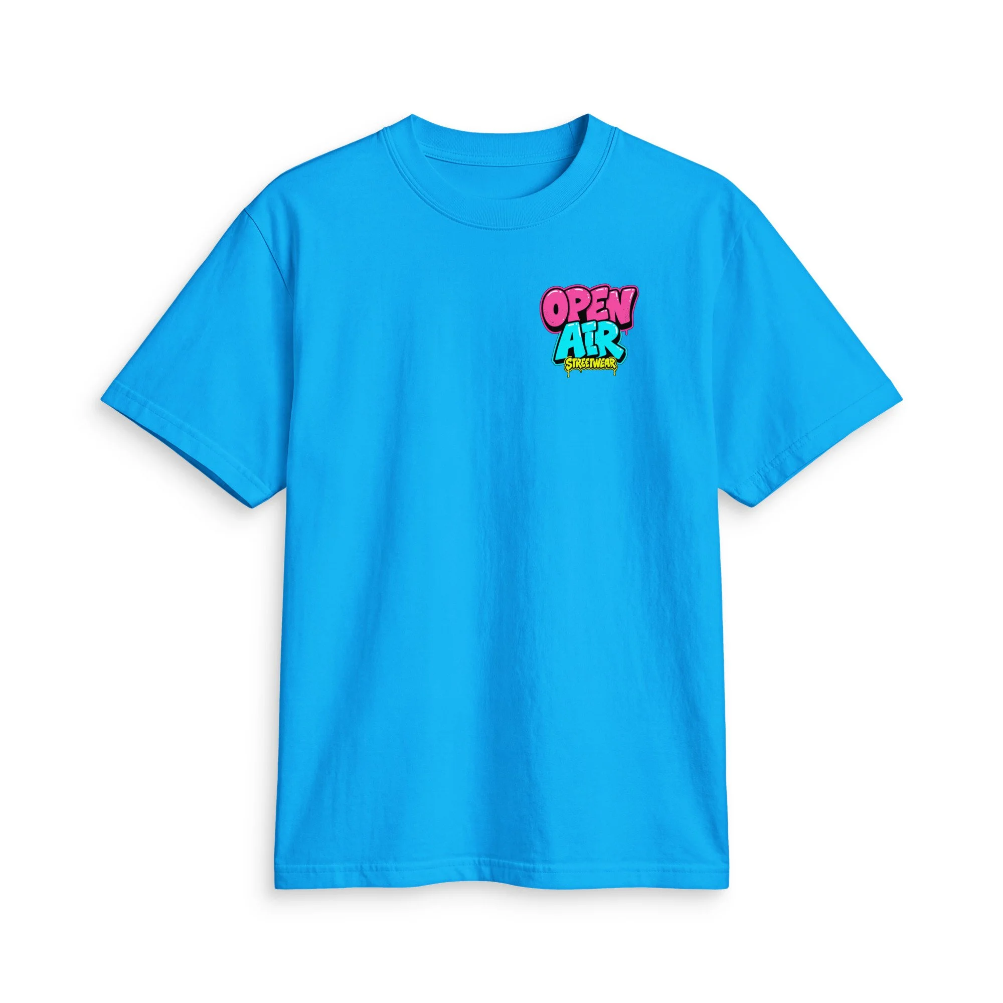 OPEN AIR First Edition T-shirt, front view with small neon graffiti chest logo