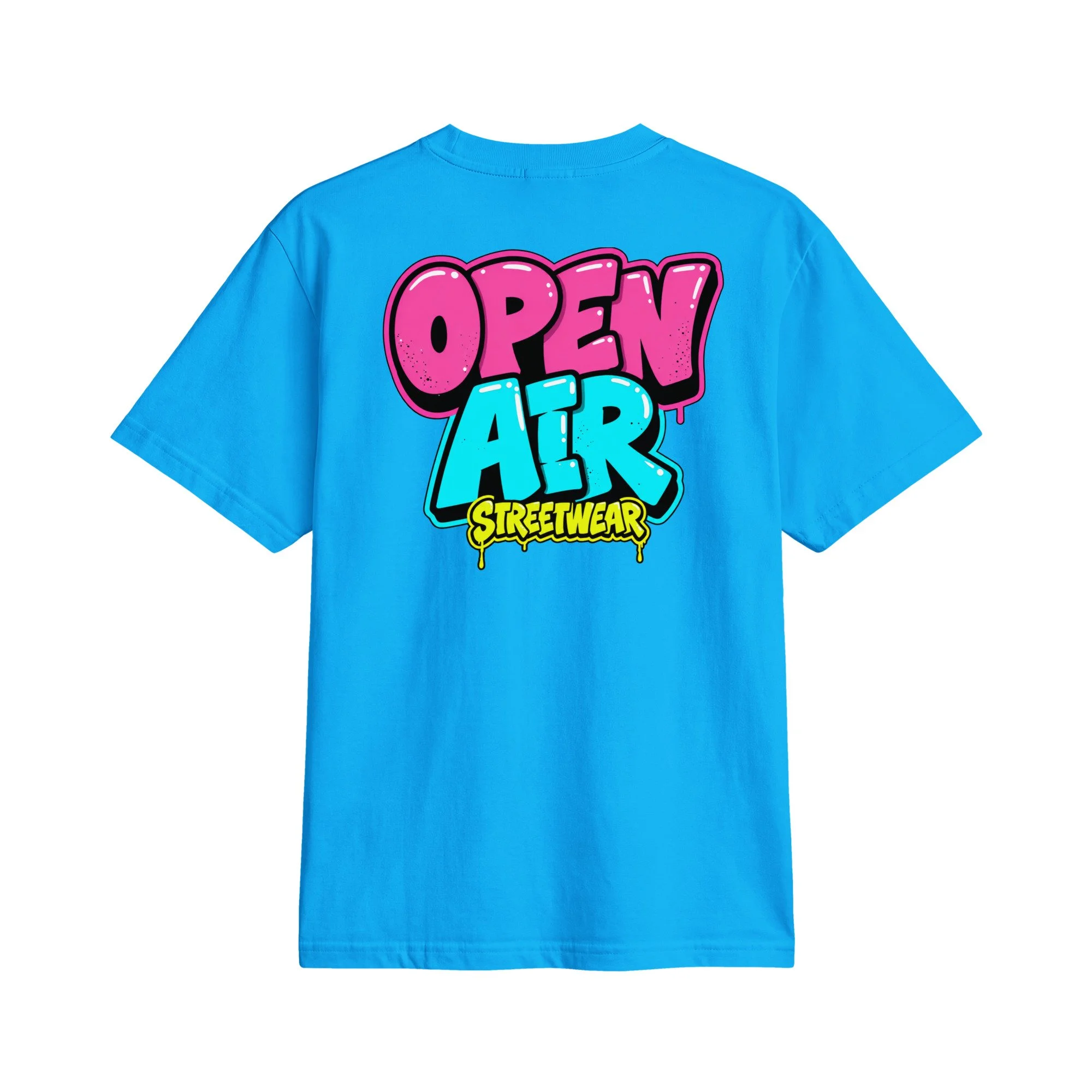 OPEN AIR First Edition T-shirt, back view with large neon graffiti OPEN AIR STREETWEAR print