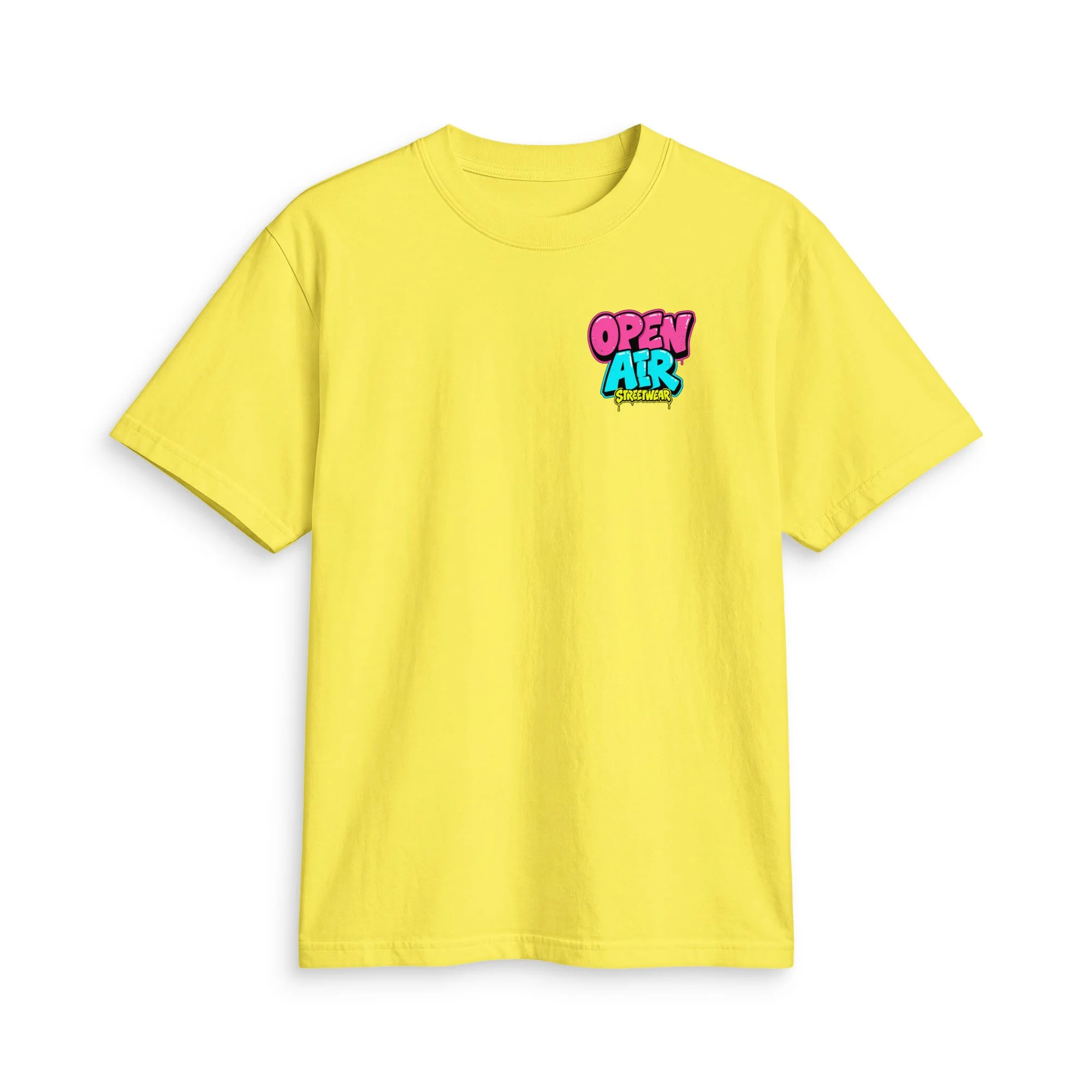 OPEN AIR First Edition T-shirt, front view with small neon graffiti chest logo