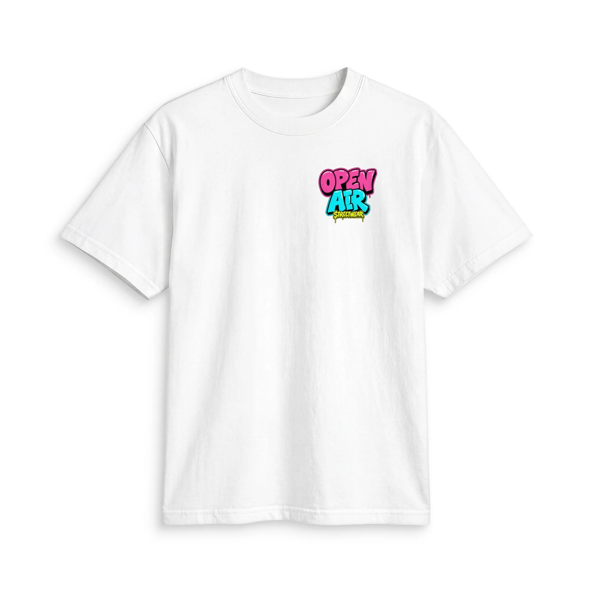OPEN AIR First Edition T-shirt, front view with small neon graffiti chest logo