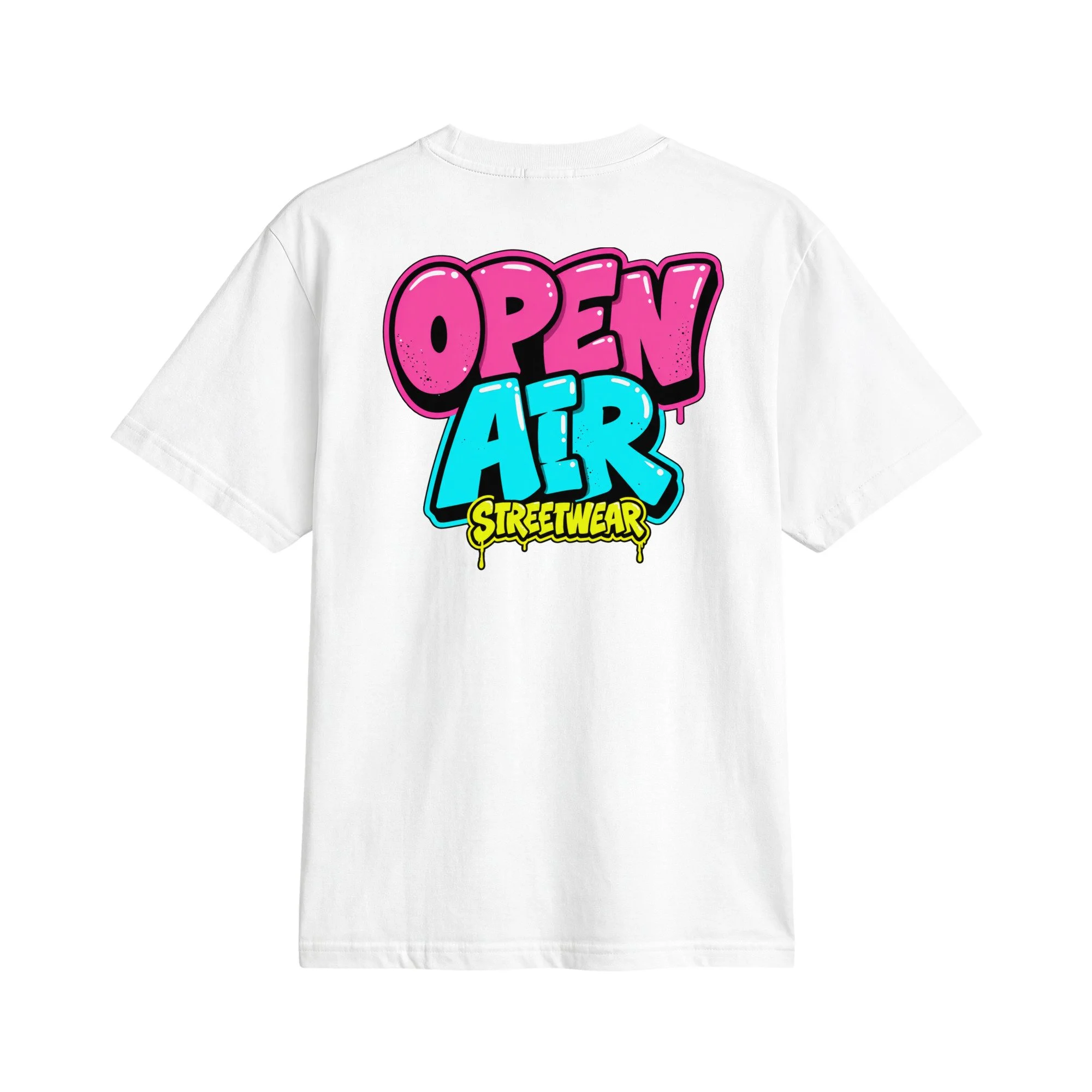 OPEN AIR First Edition T-shirt, back view with large neon graffiti OPEN AIR STREETWEAR print