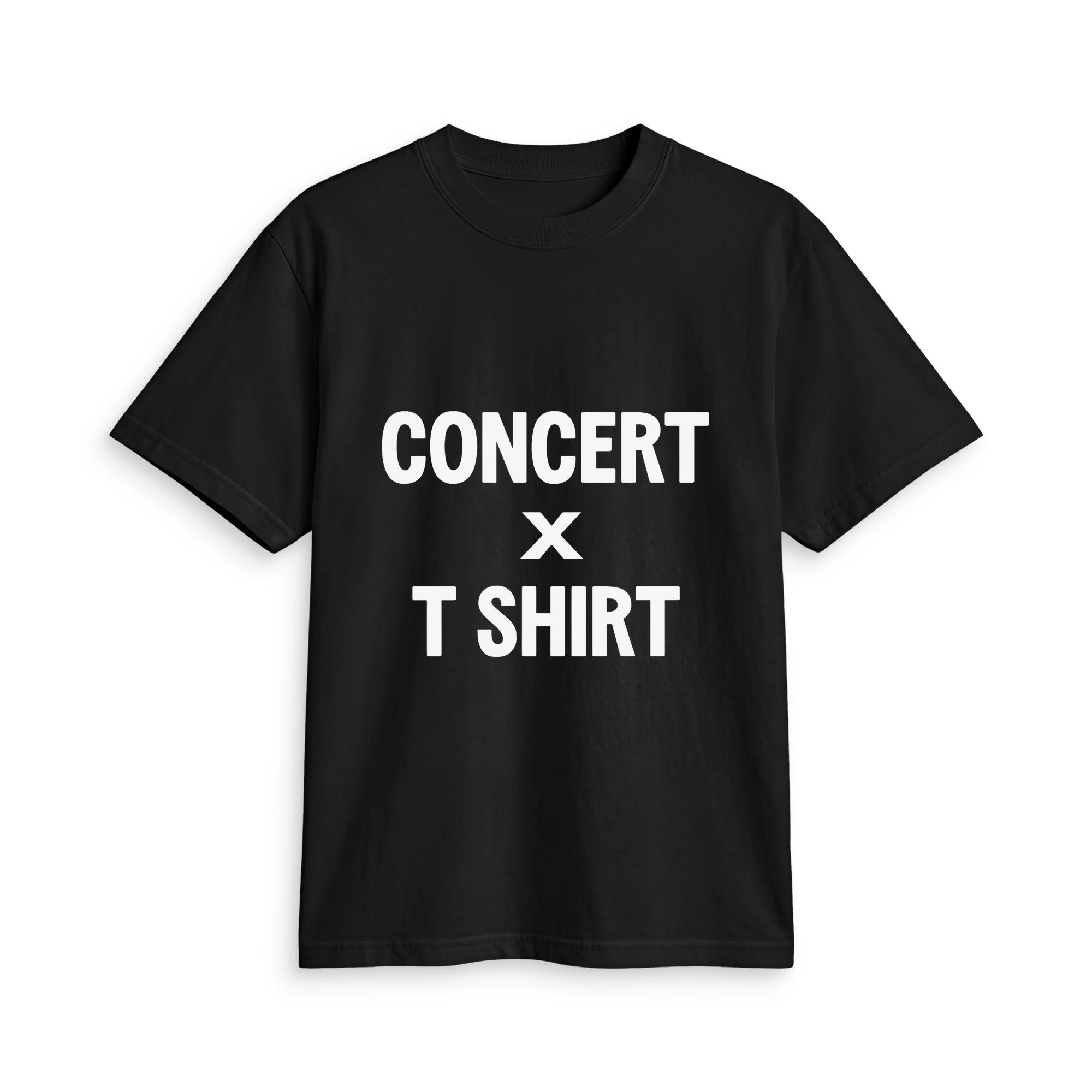Black CONCERT × T SHIRT, front view with bold white stacked lettering and a cross between CONCERT and T SHIRT