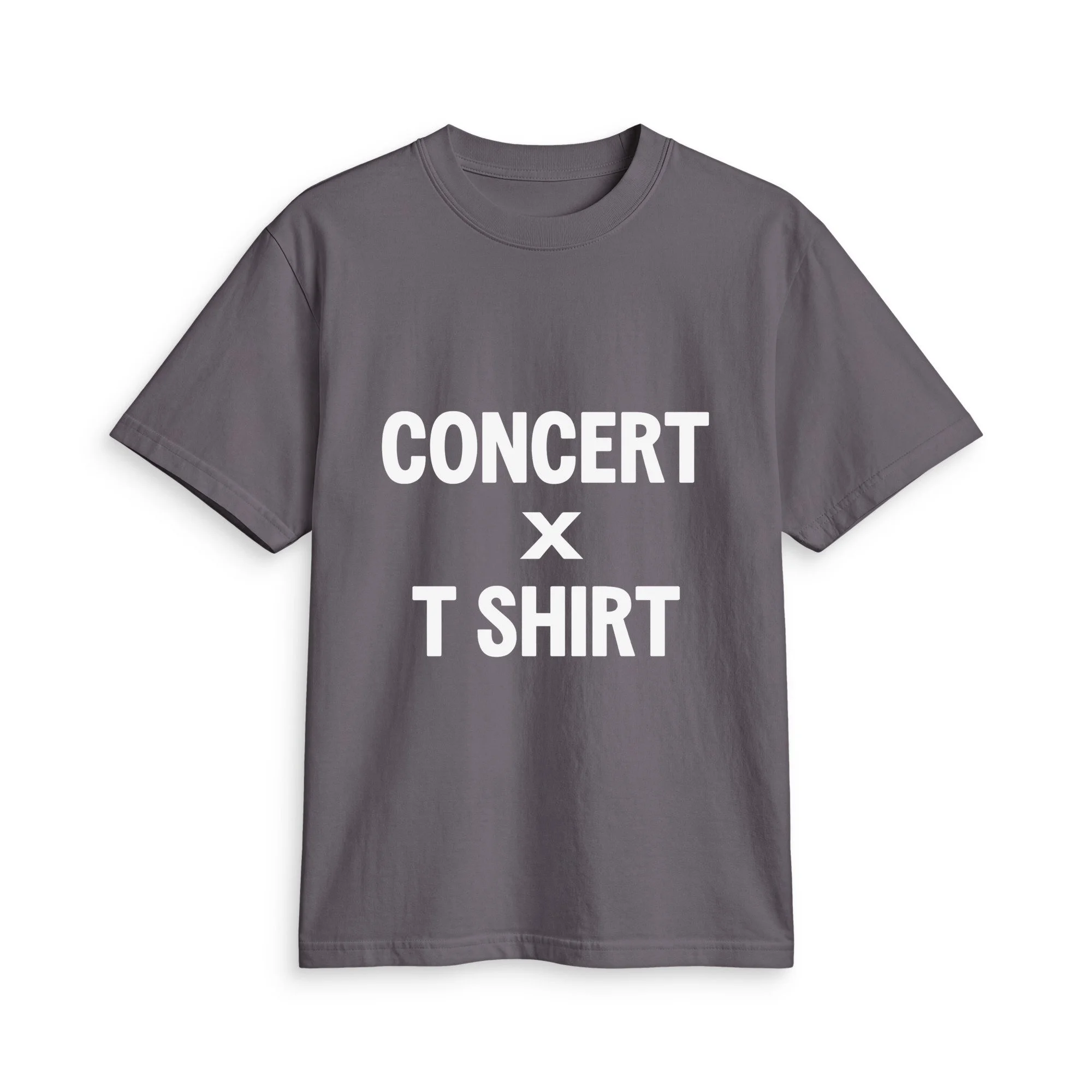 Dark Grey CONCERT × T SHIRT, front view with bold white stacked lettering and a cross between CONCERT and T SHIRT