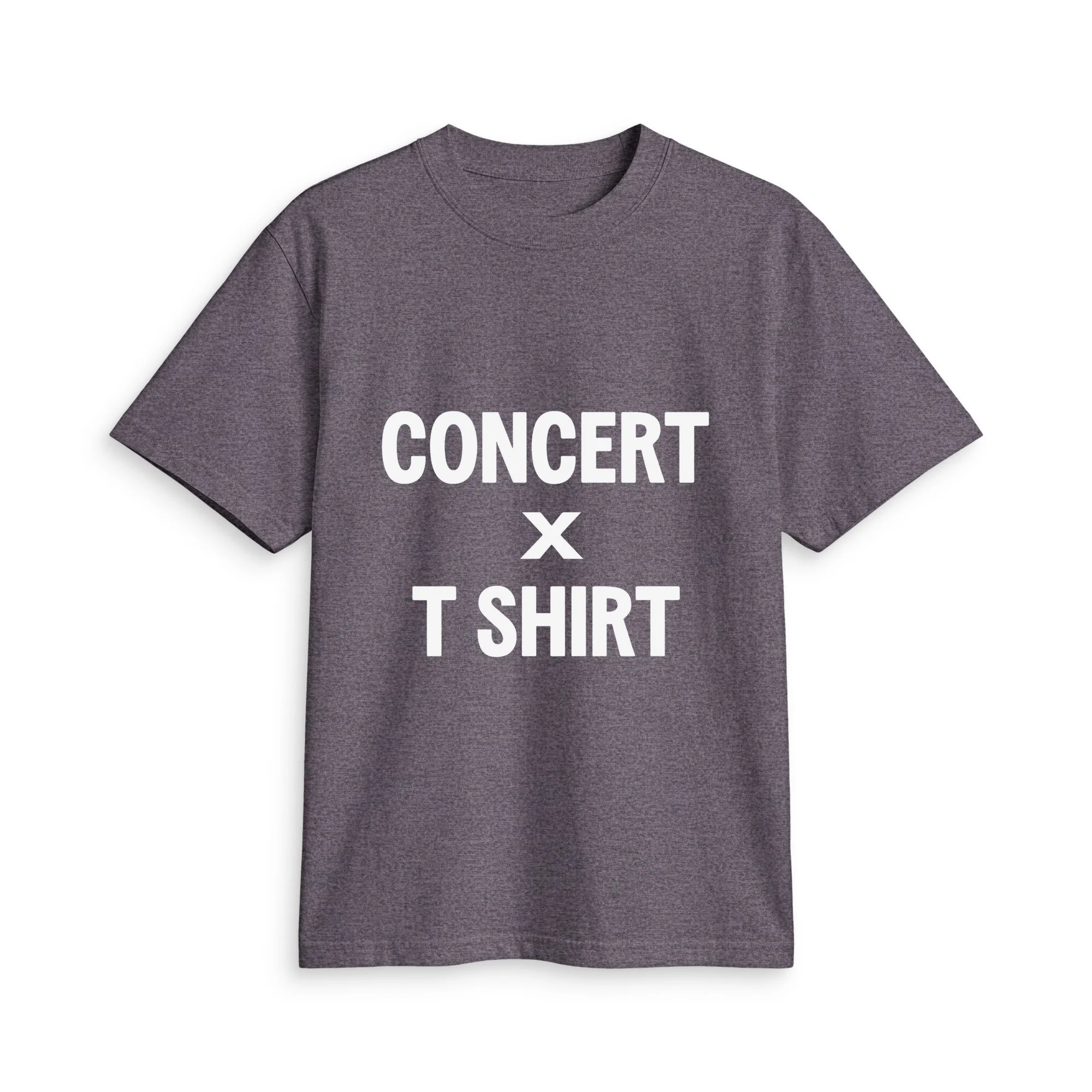 Charcoal Grey CONCERT × T SHIRT, front view with bold white stacked lettering and a cross between CONCERT and T SHIRT