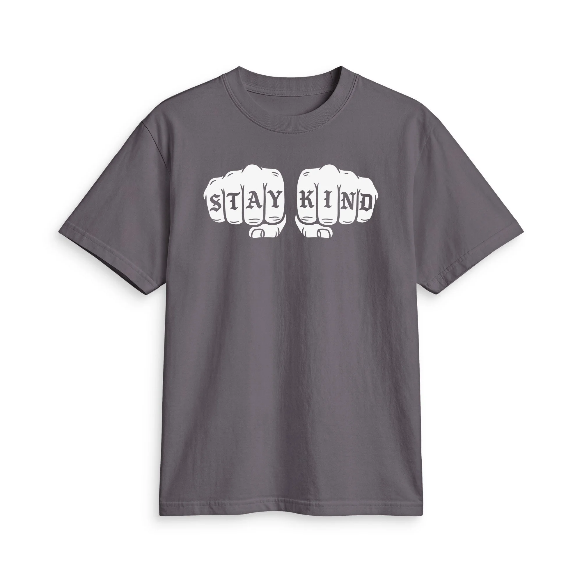 Dark Grey STAY KIND T, front view with white tattoo-style fists spelling STAY KIND across the knuckles