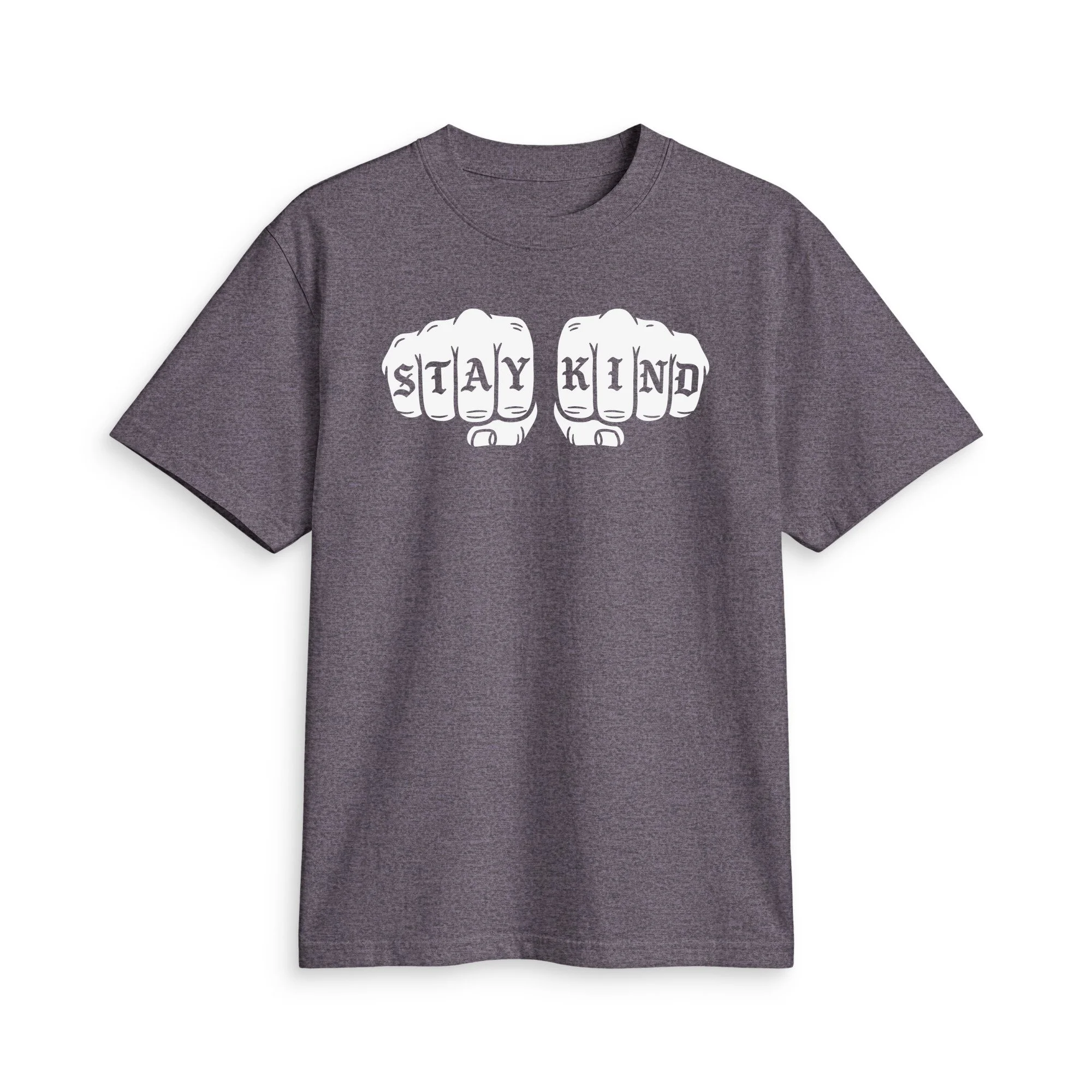 Charcoal Grey STAY KIND T, front view with white tattoo-style fists spelling STAY KIND across the knuckles