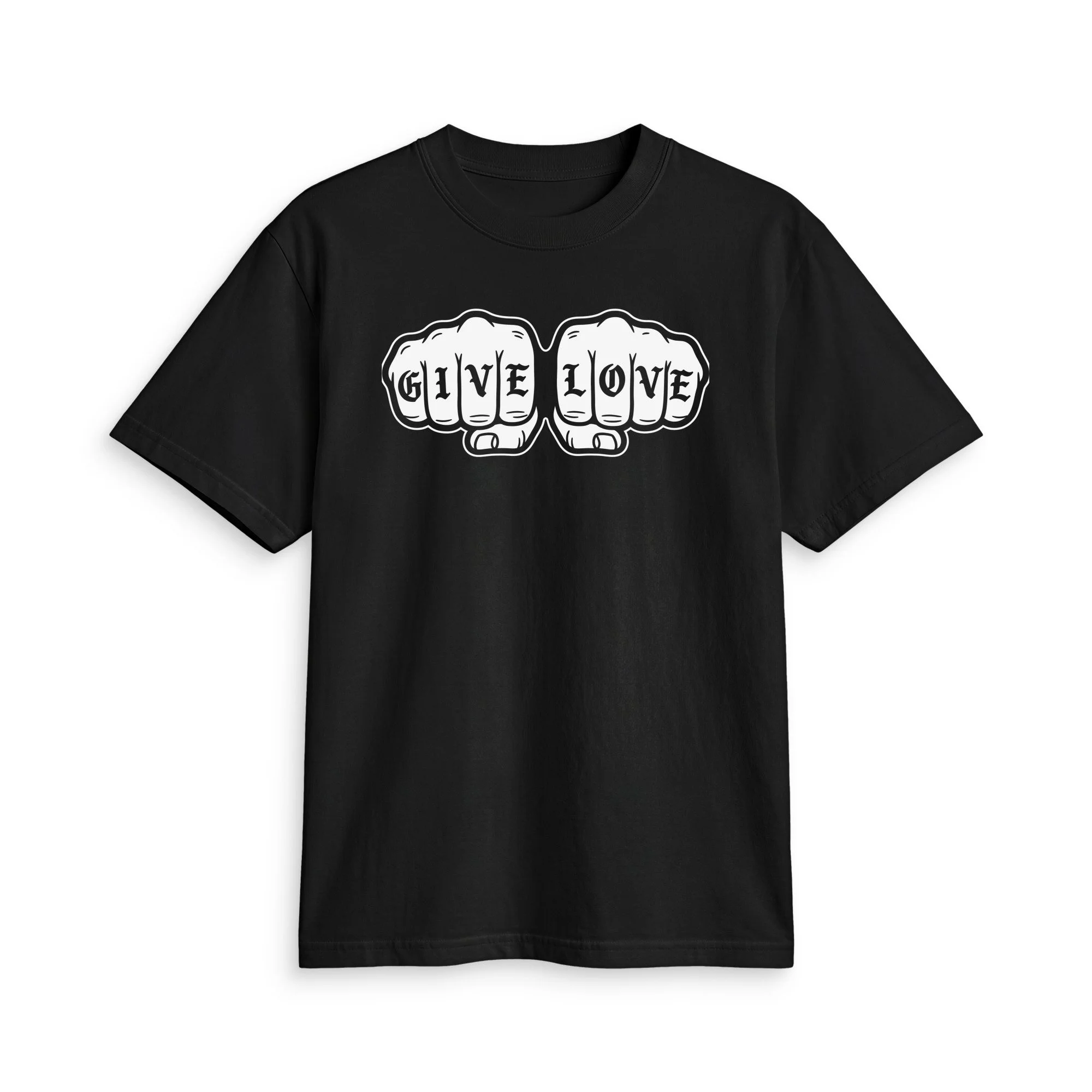 Black GIVE LOVE T, front view with white tattoo-style fists spelling GIVE LOVE across the knuckles